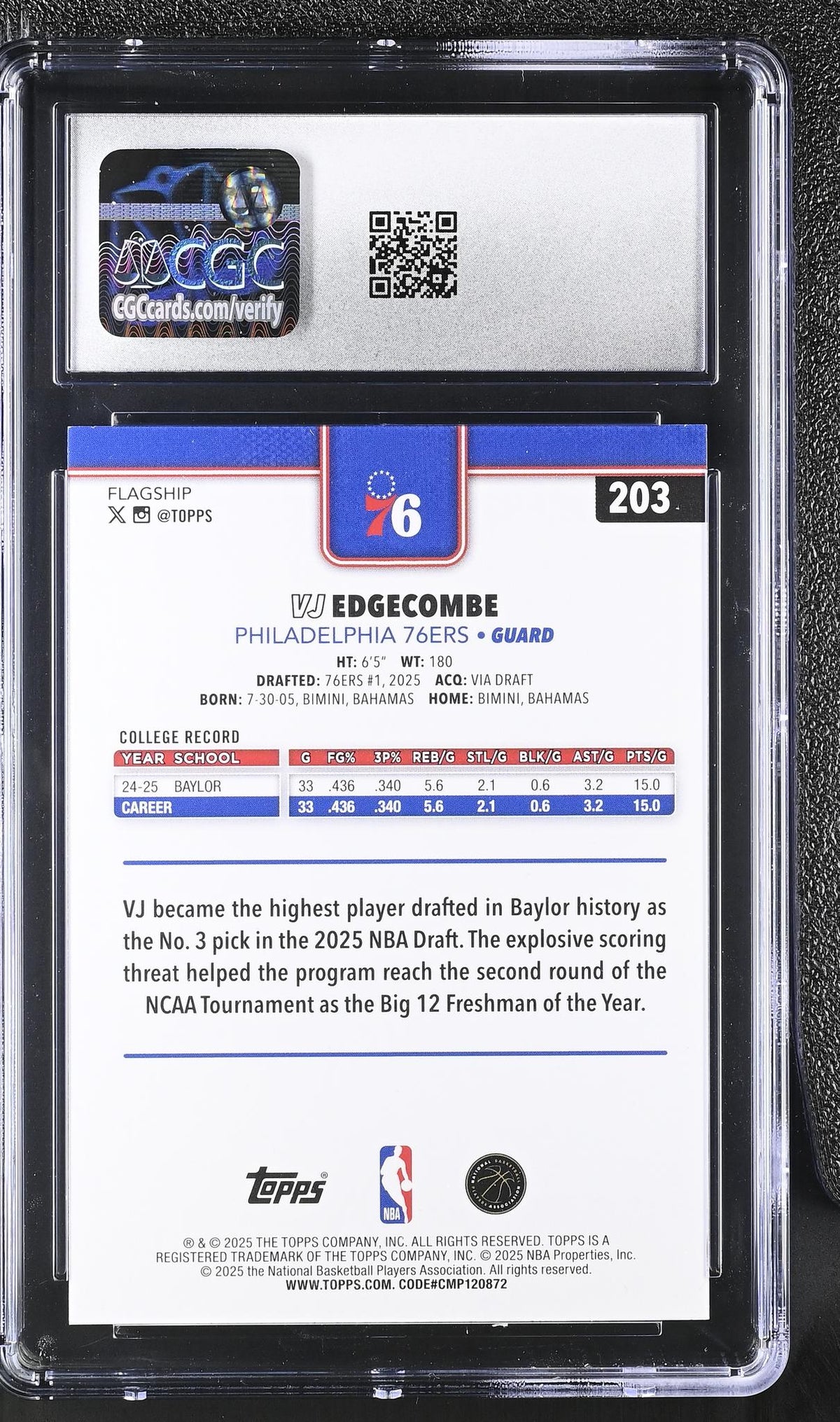 2025 Topps #203 VJ Edgecombe CGC 10