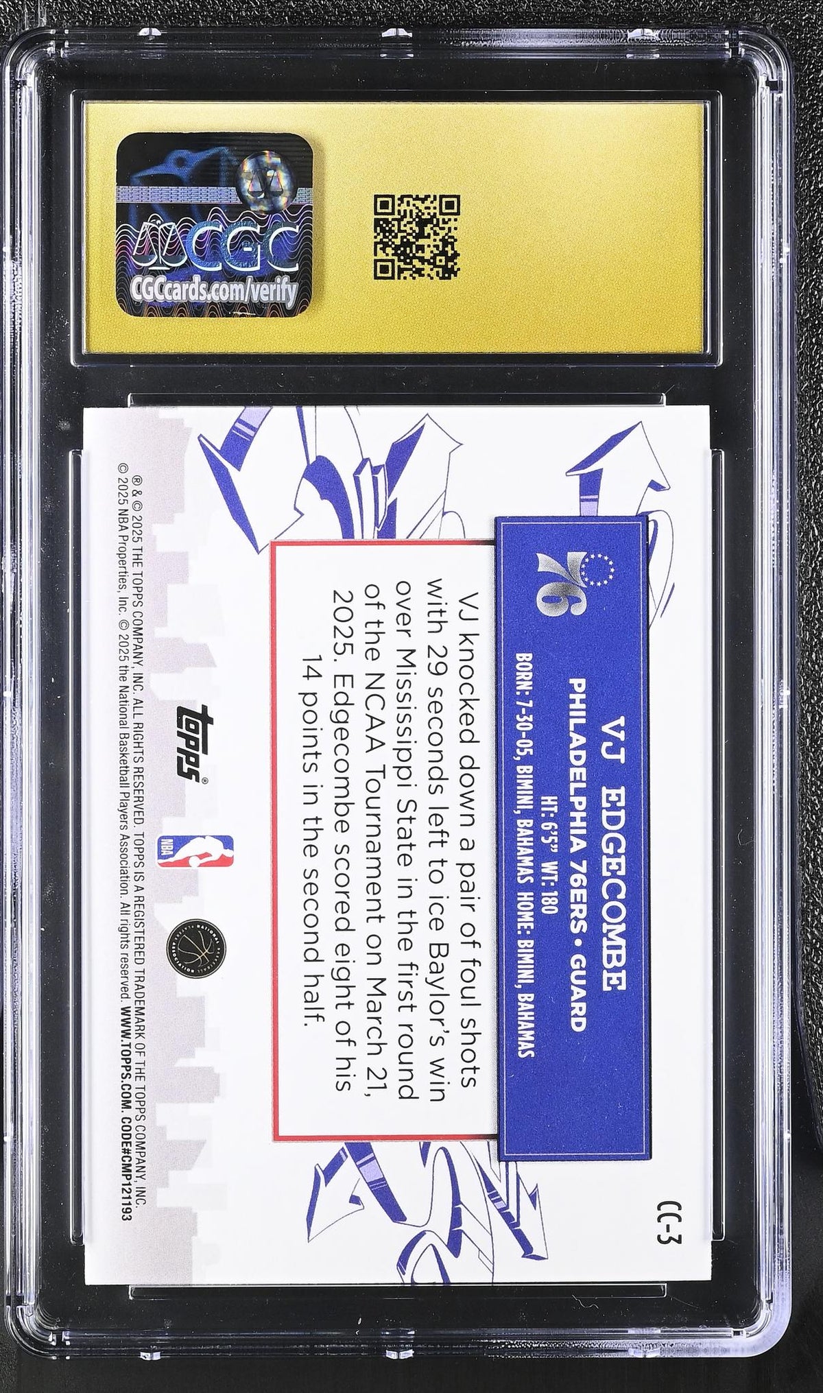 2025 Topps #CC-3 VJ Edgecombe Clutch City Prospects CGC 10