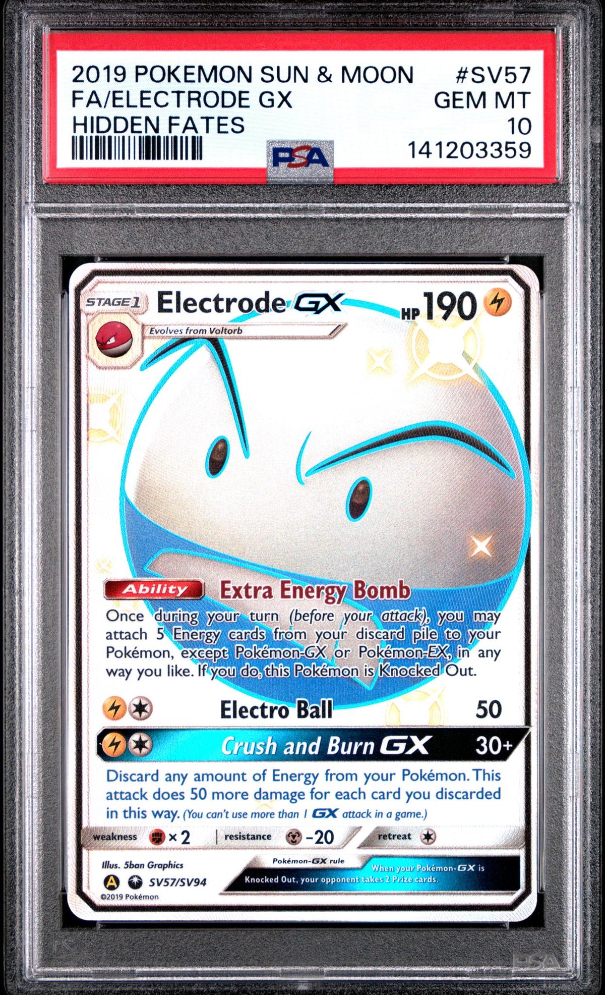 2019 Pokemon Sun and Moon Hidden Fates Shiny Vault Electrode Gx #SV57 PSA 10