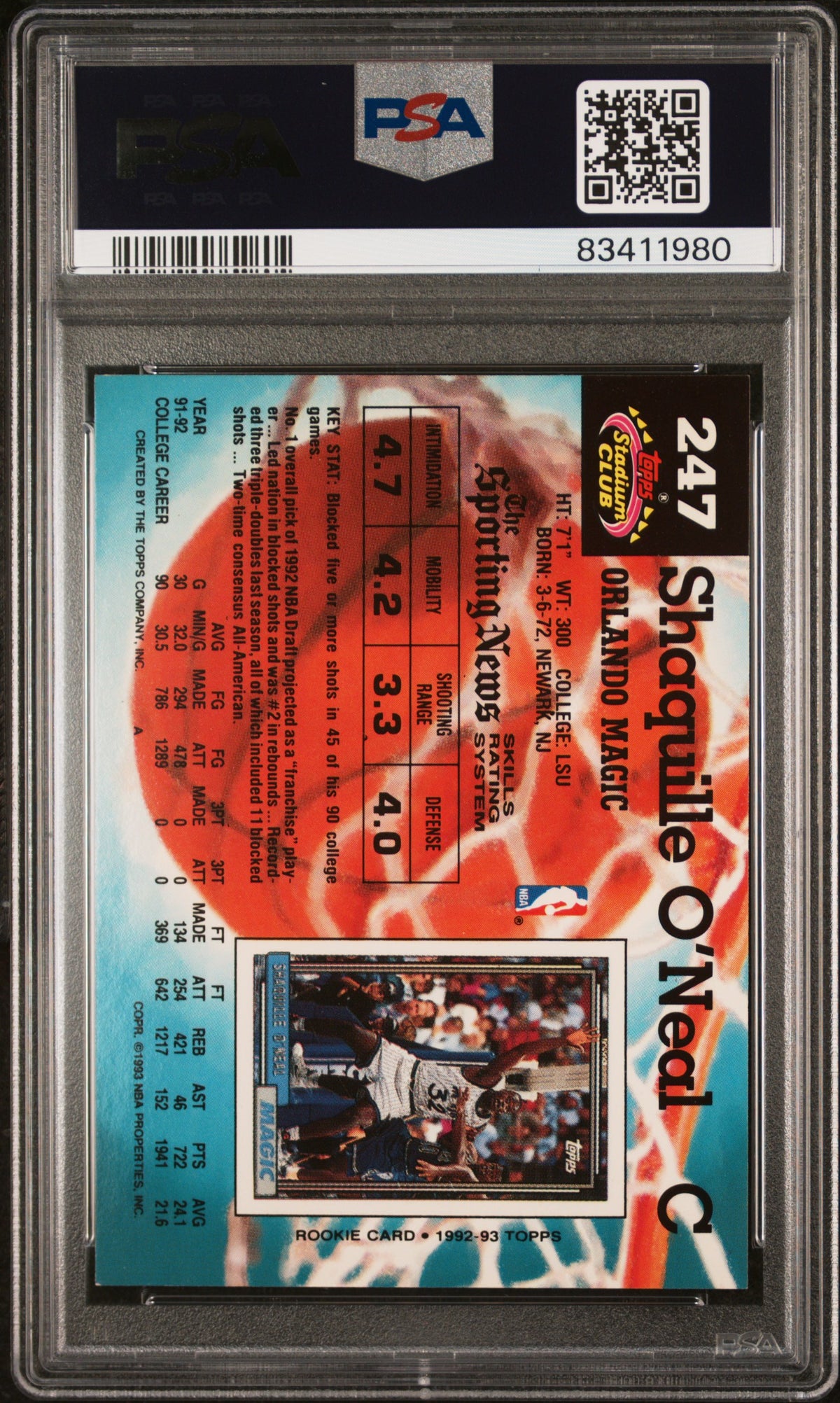 1992 Stadium Club Shaquille O'Neal #247 PSA 7