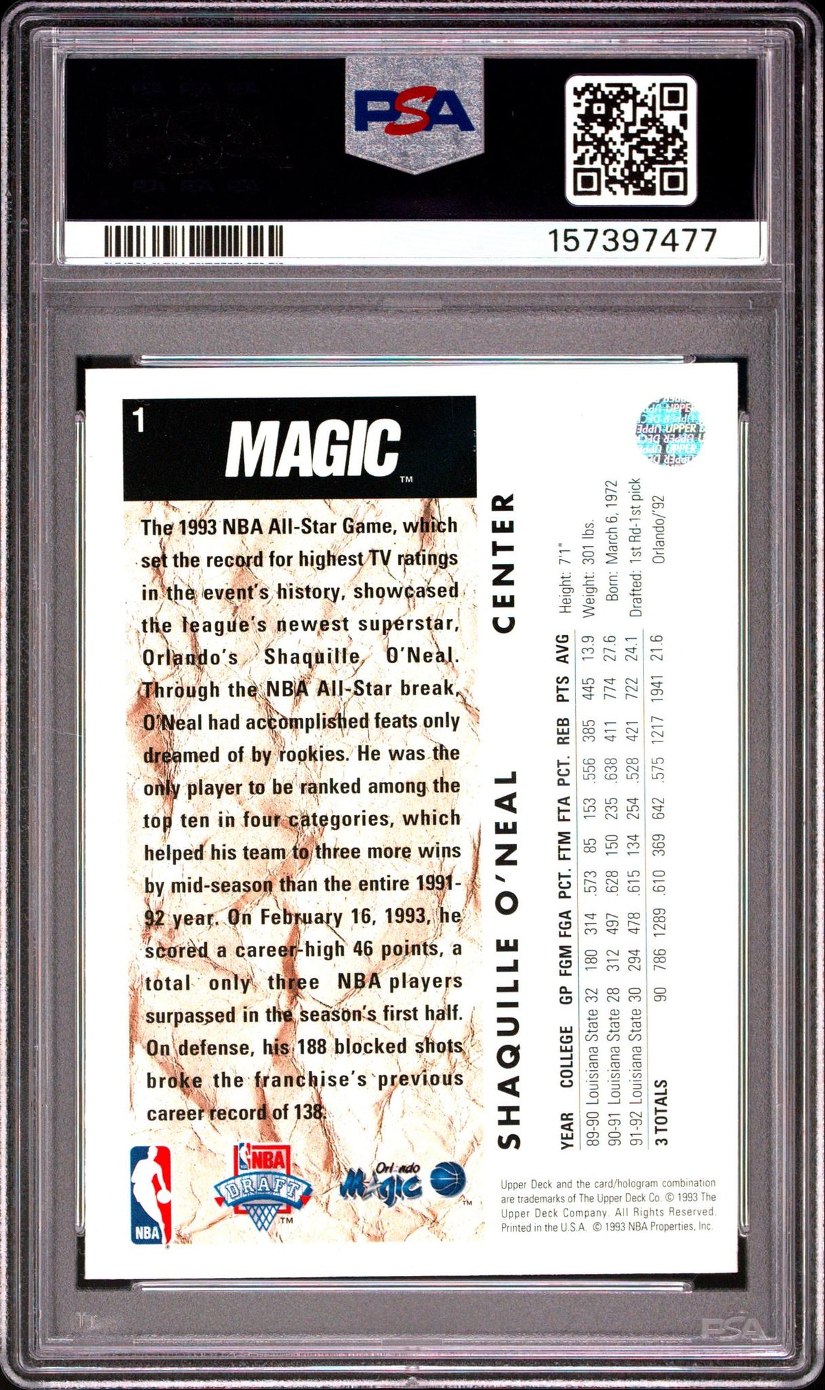 1992 Upper Deck Shaquille O'Neal #1 PSA 6