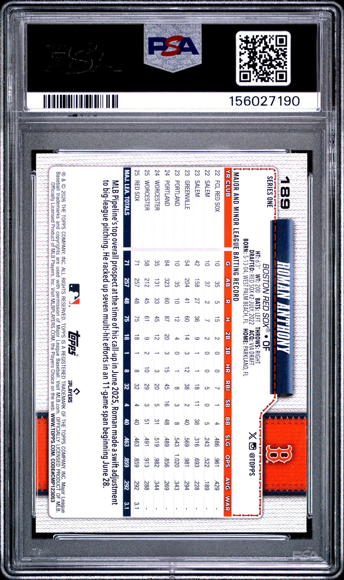 2026 Topps Roman Anthony #189 PSA 10
