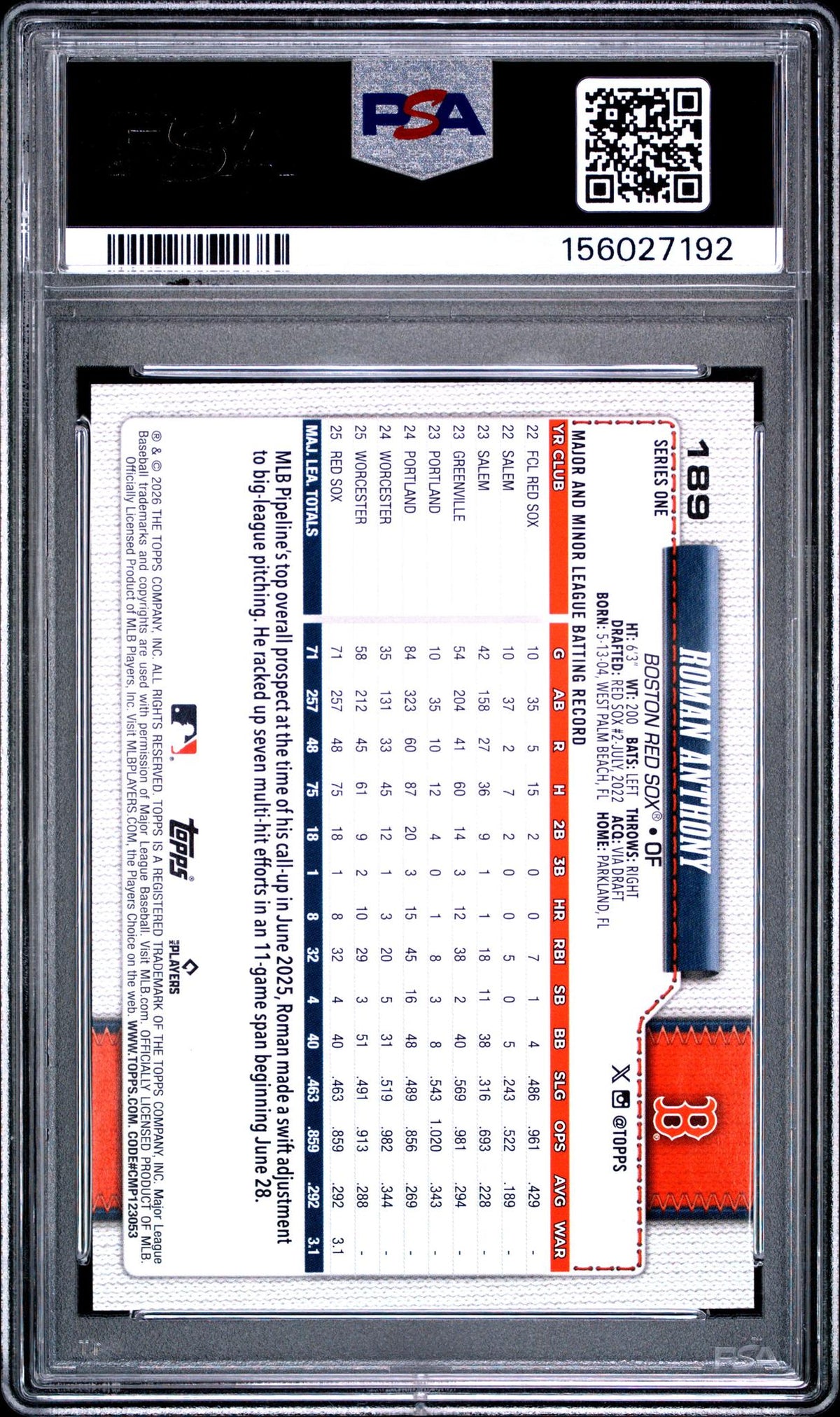 2026 Topps Roman Anthony #189 PSA 10