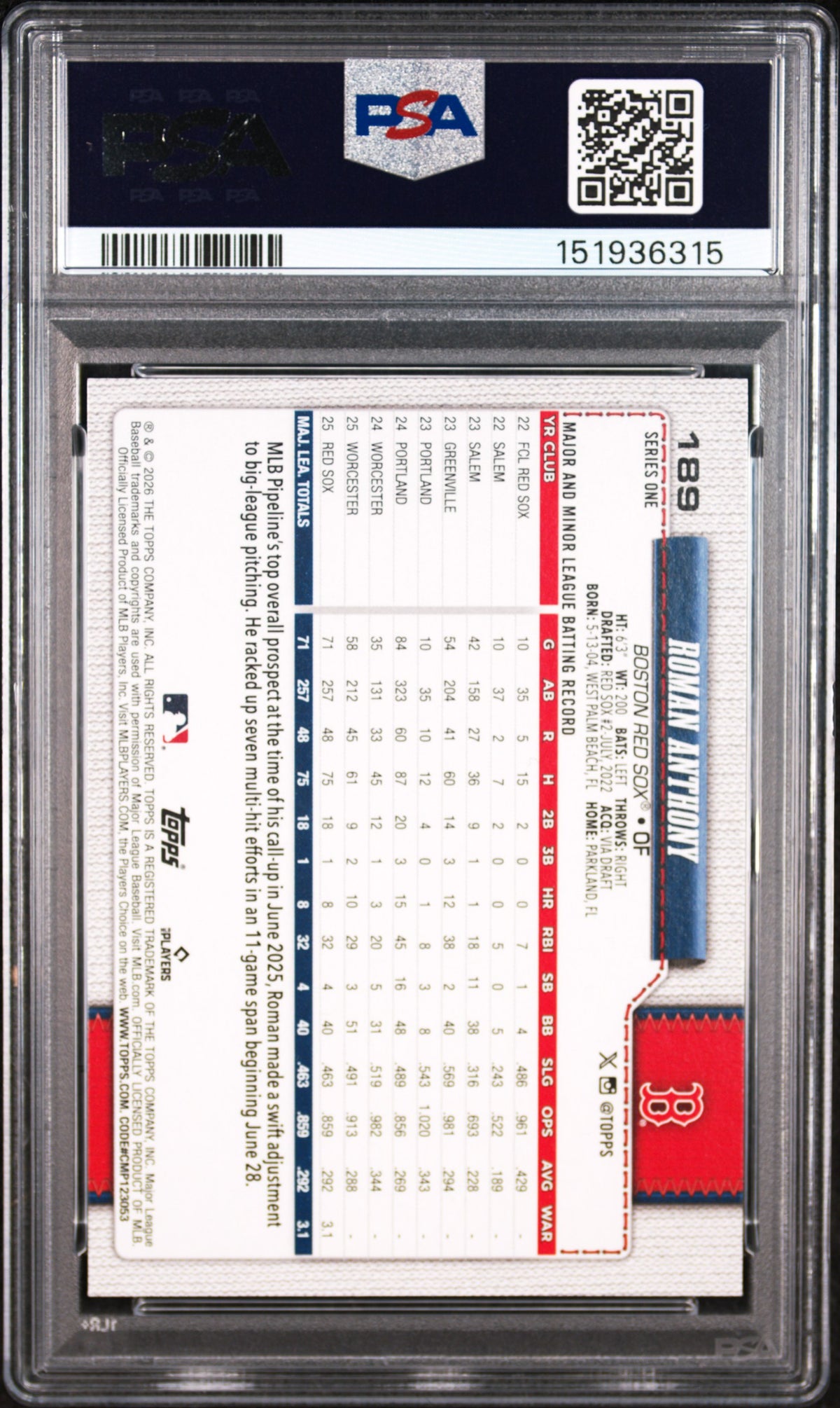 2026 Topps Roman Anthony #189 PSA 10