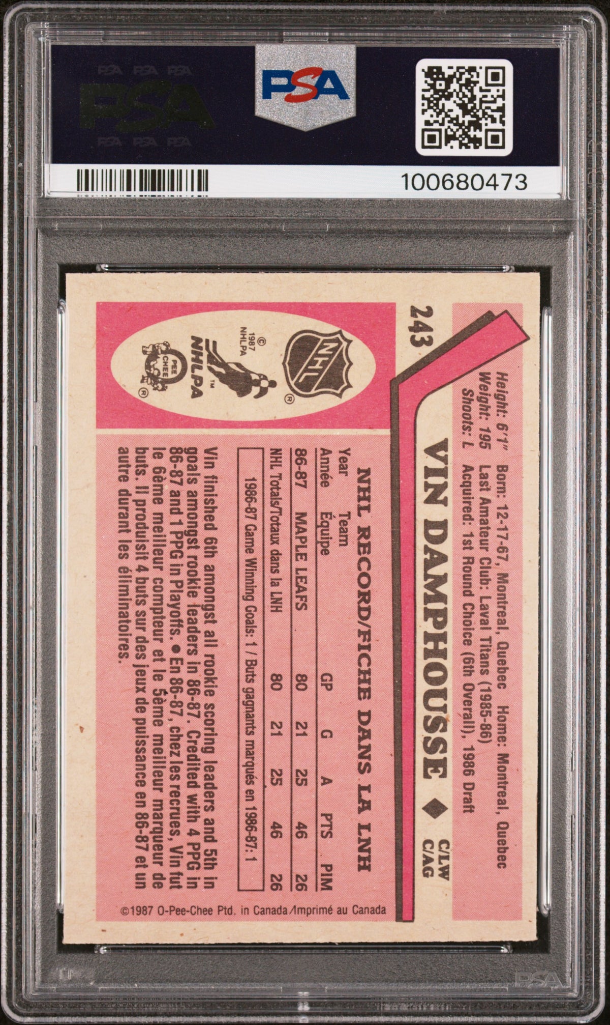 1987 O-Pee-Chee Vincent Damphousse #243 PSA 7