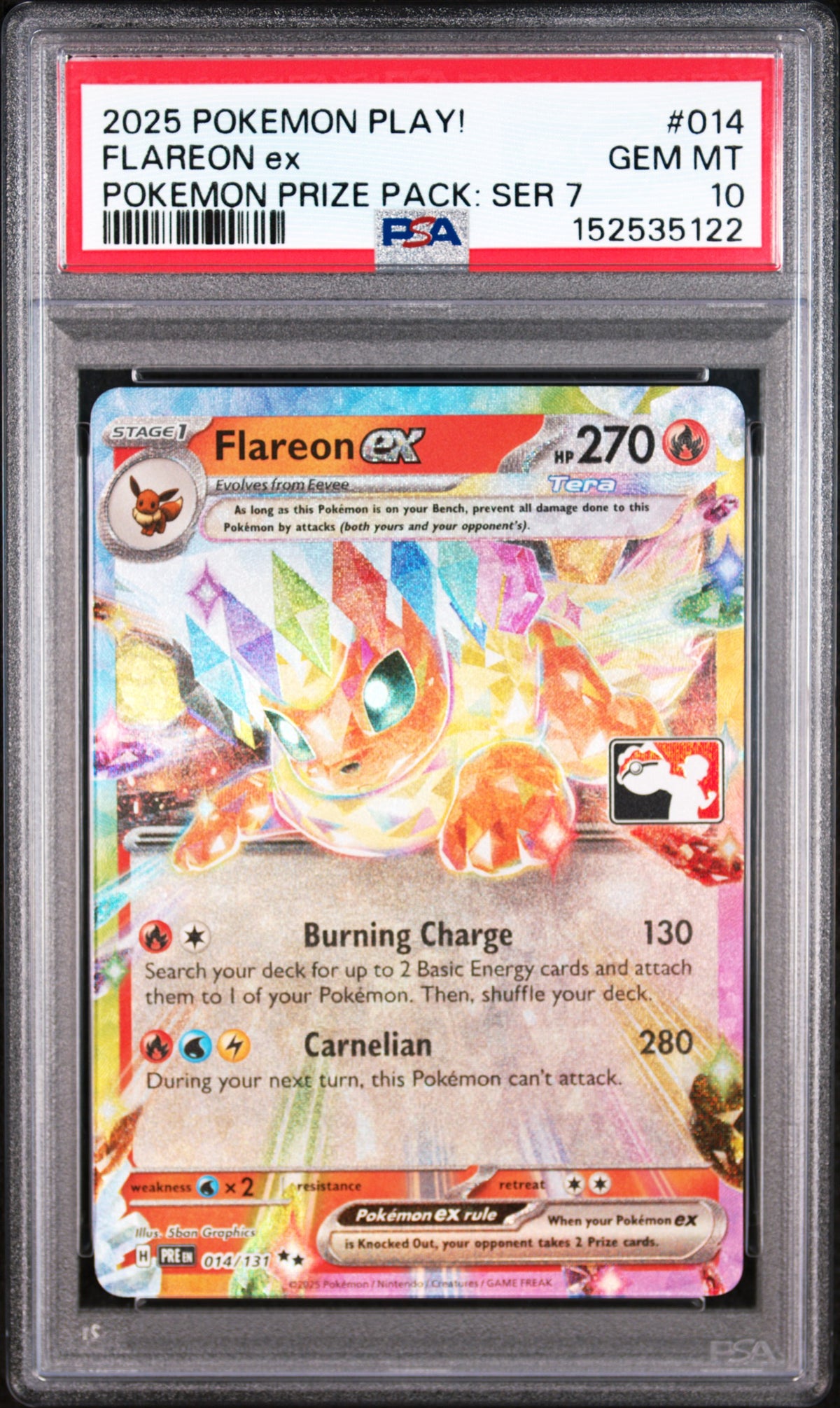 2024 Prismatic Evolutions - Pre En - English Play! Pokémon Prize Pack #7 Flareon Ex #014 PSA 10