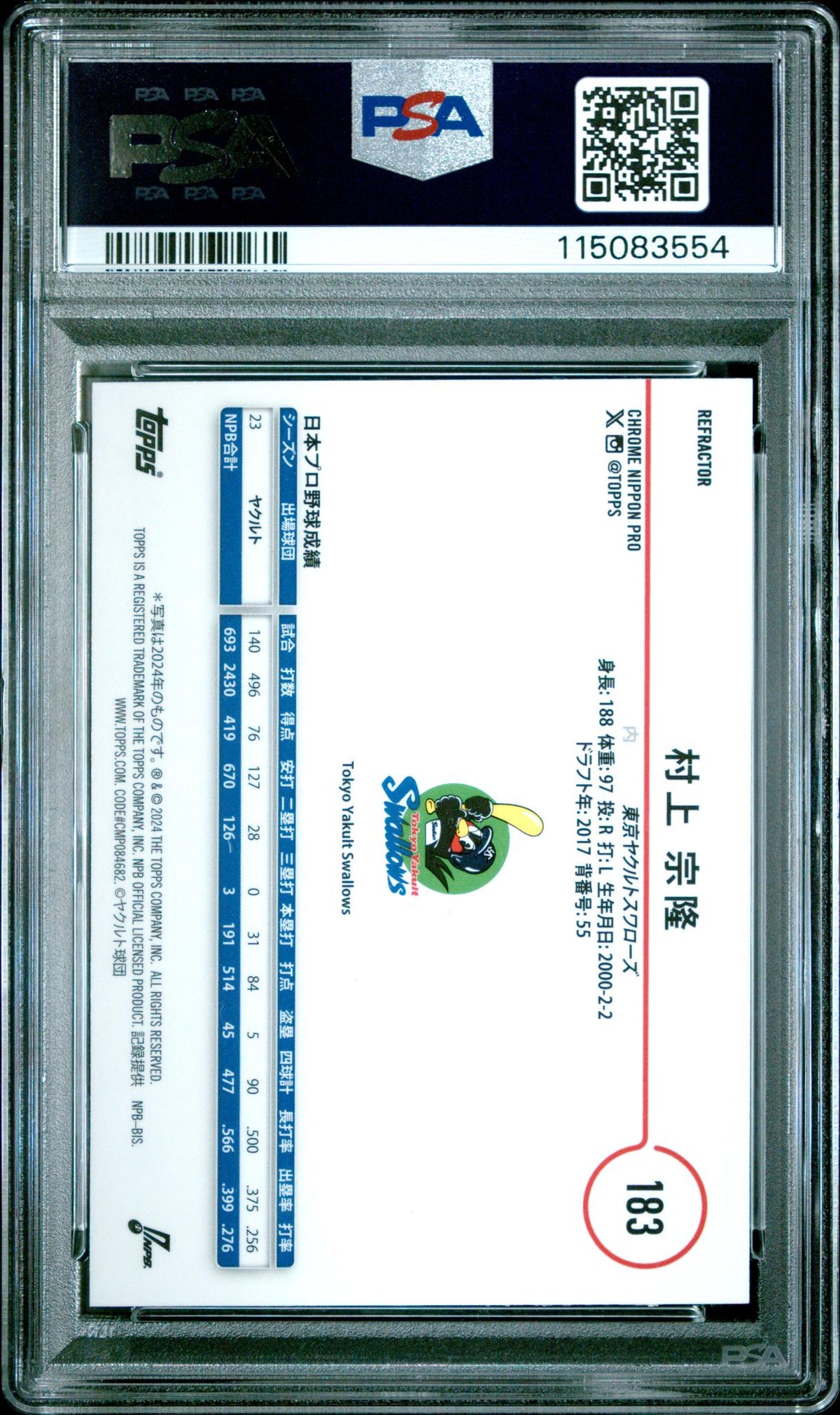 2024 Topps Chrome Npb Aqua Refractors Munetaka Murakami #183 /199 PSA 9