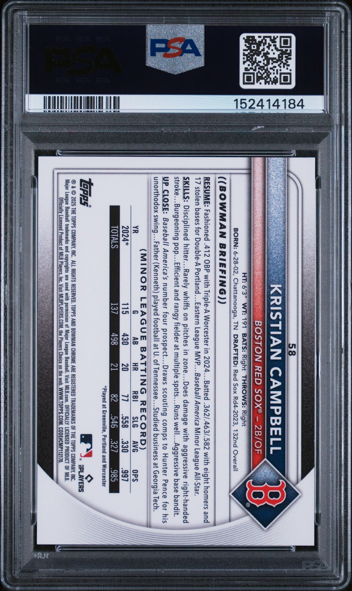 2025 Bowman Chrome Etched In Glass Variation Kristian Campbell #58 PSA 9