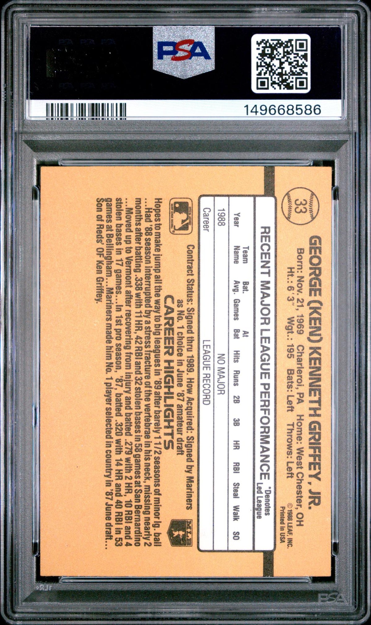 1989 Donruss Rated Rookie Ken Griffey Jr. #33 PSA 8