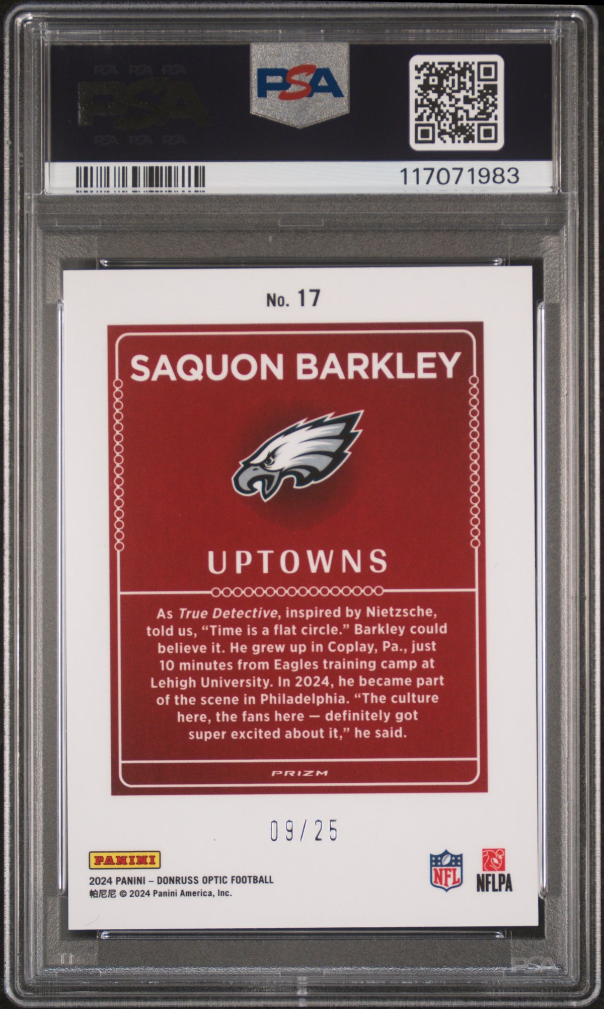 2024 Donruss Optic Uptowns White Pandora Saquon Barkley #17 /25 PSA 10