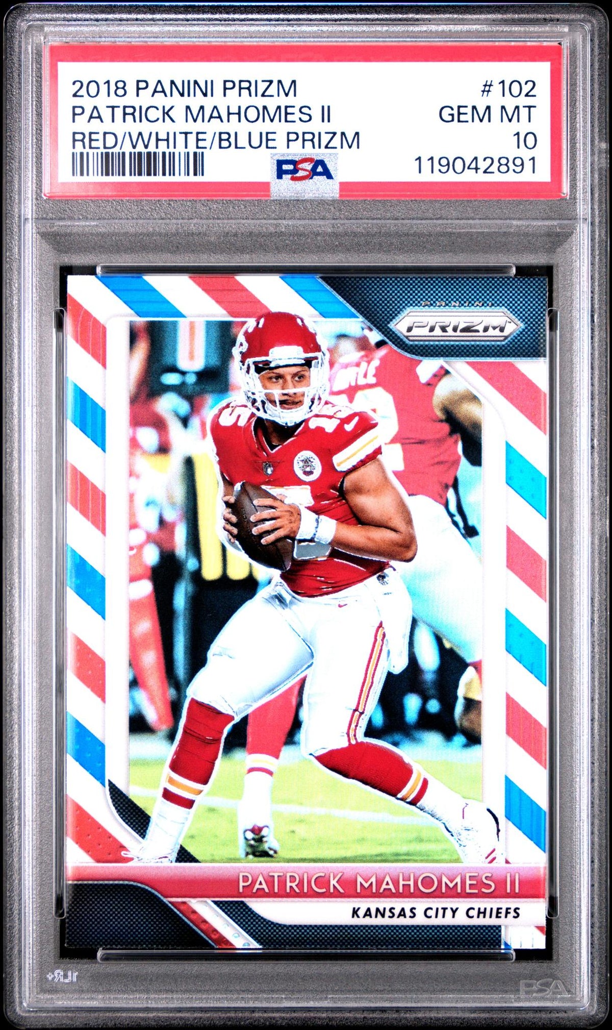 2018 Panini Prizm Red White and Blue Prizm Patrick Mahomes II #102 PSA 10