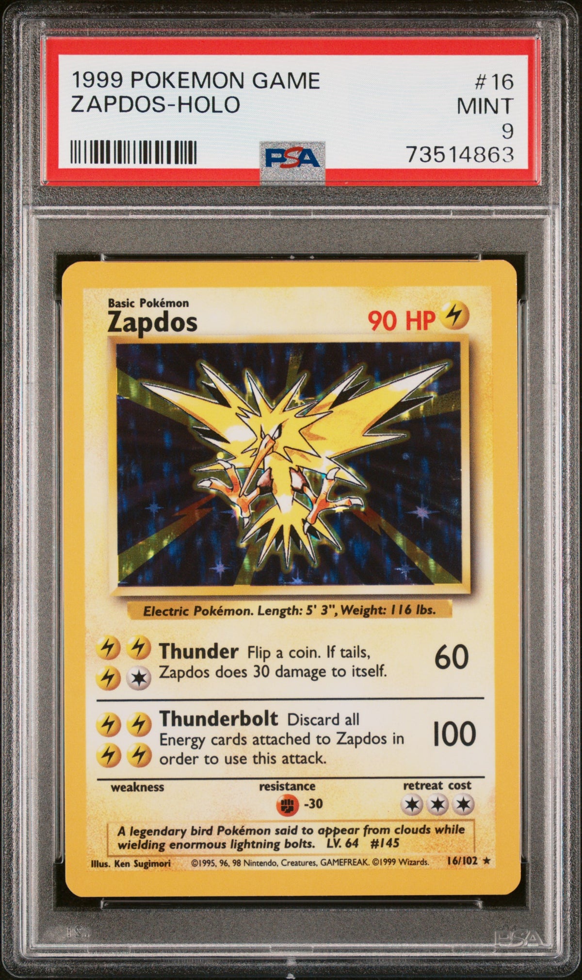 1999 Pokemon Base Set Holo Zapdos #16 /73514863 PSA 9
