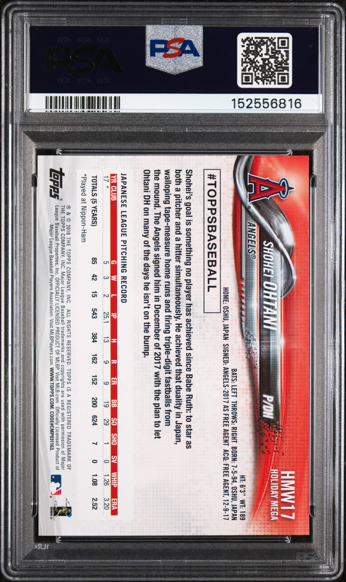 2018 Topps Holiday Snowflake Shohei Ohtani #HMW17 PSA 9