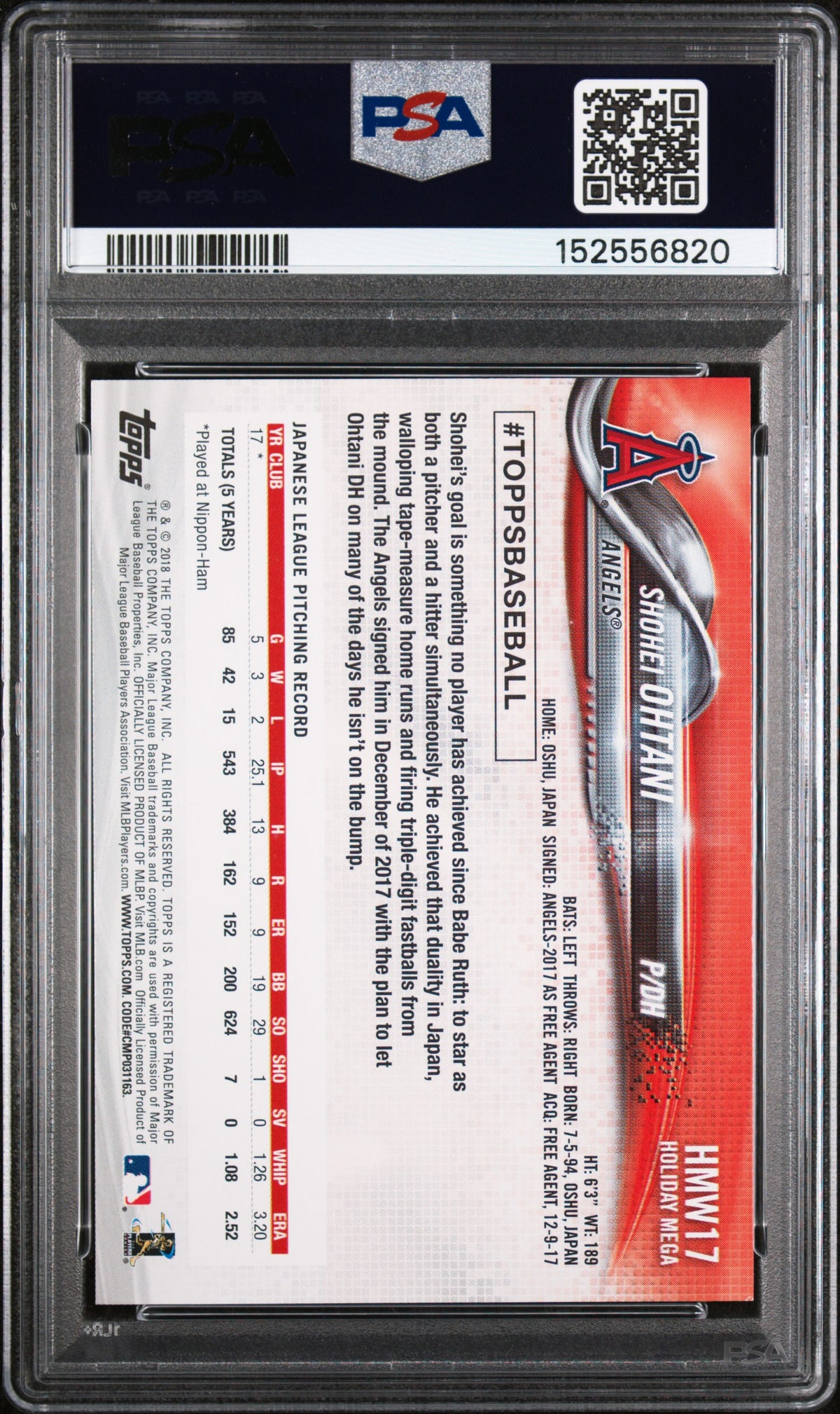 2018 Topps Holiday Snowflake Shohei Ohtani #HMW17 PSA 8