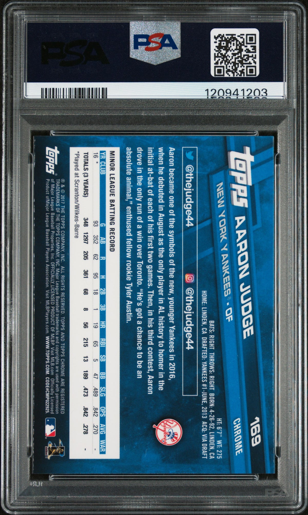 2017 Topps Chrome Aaron Judge #169 Rookie PSA 10