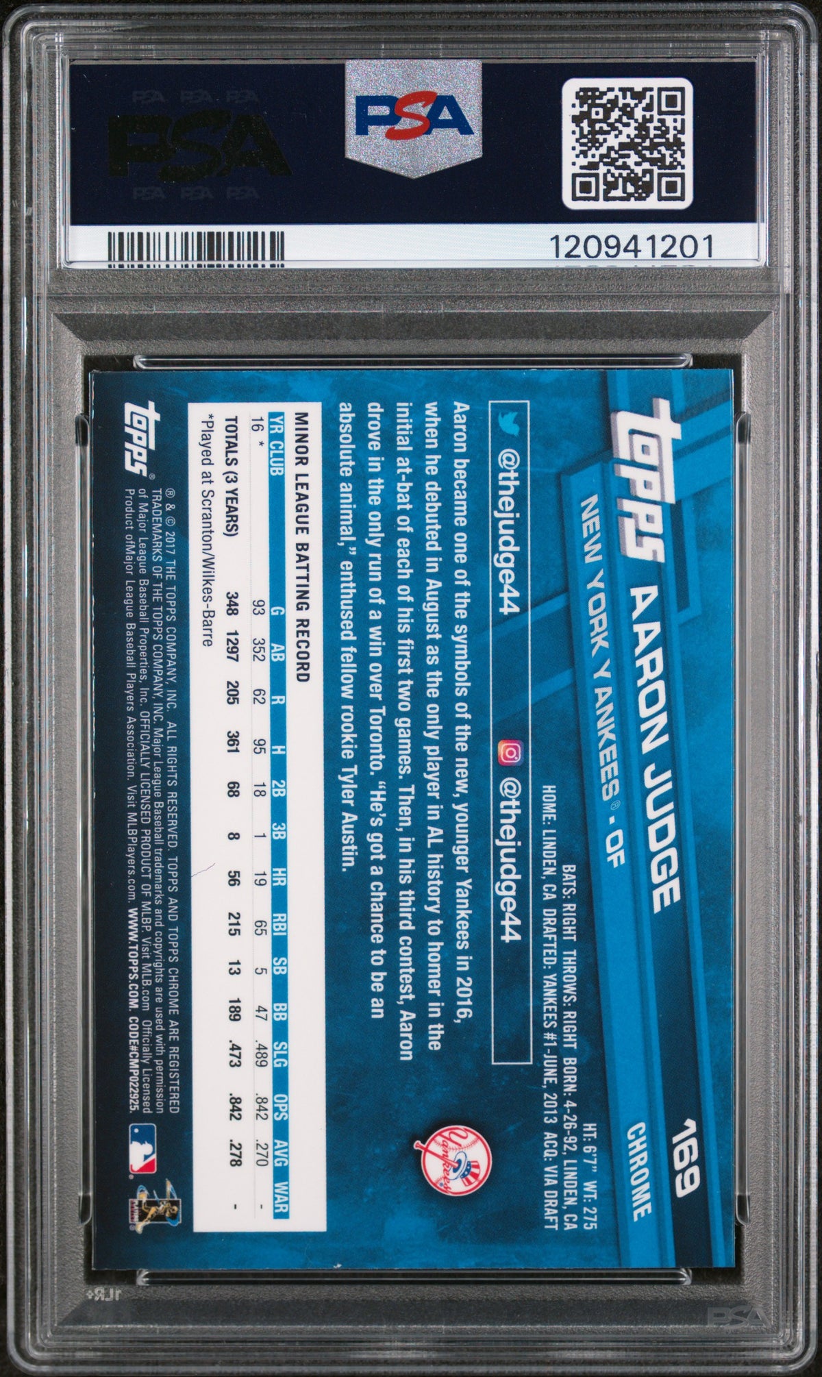 2017 Topps Chrome Catching Aaron Judge #169 PSA 10