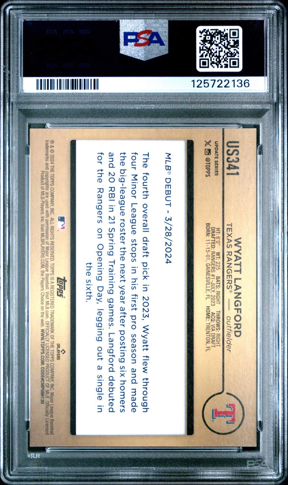2024 Topps Update Golden Mirror Wyatt Langford #US341 PSA 9