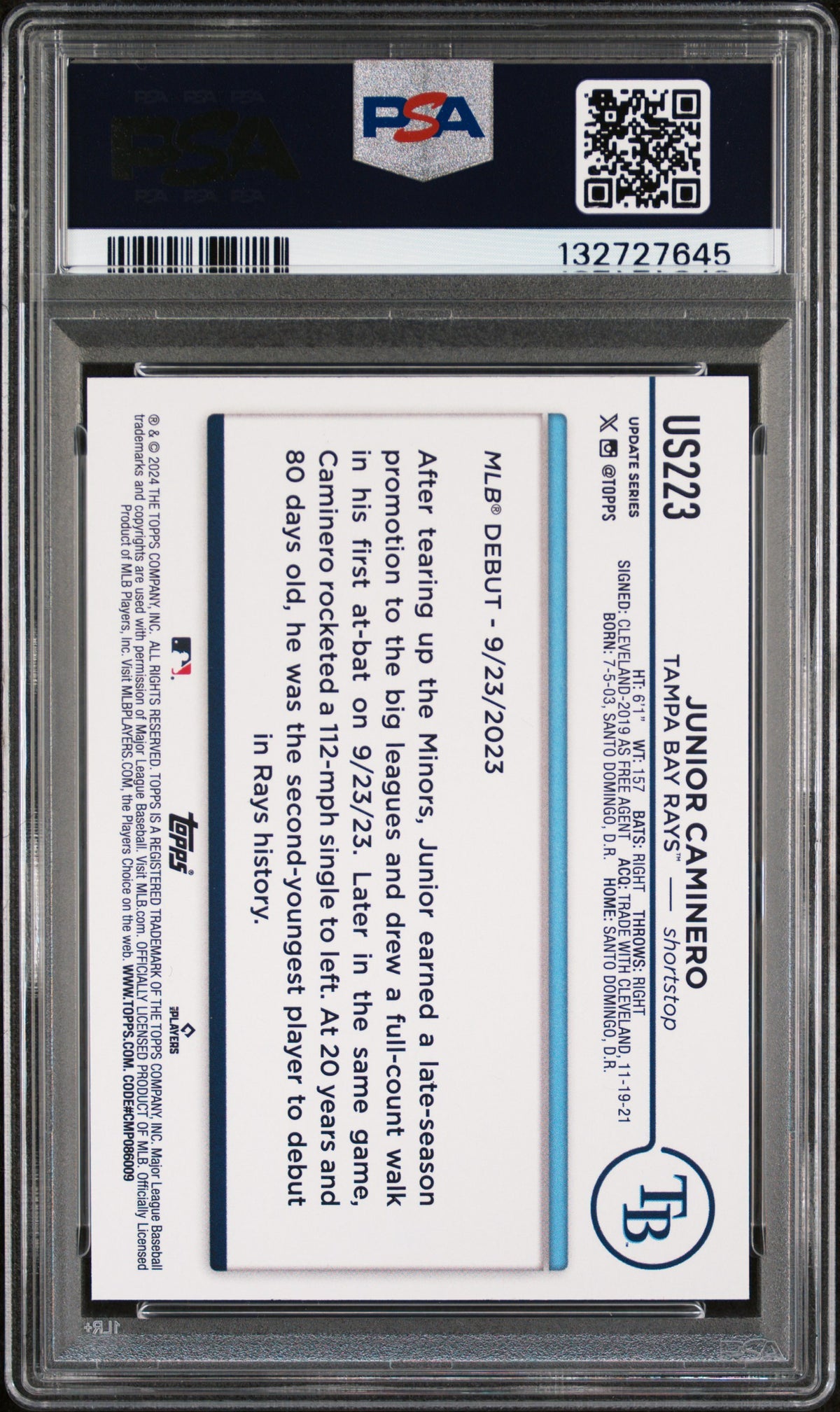 2024 Topps Update Junior Caminero #US223 PSA 9