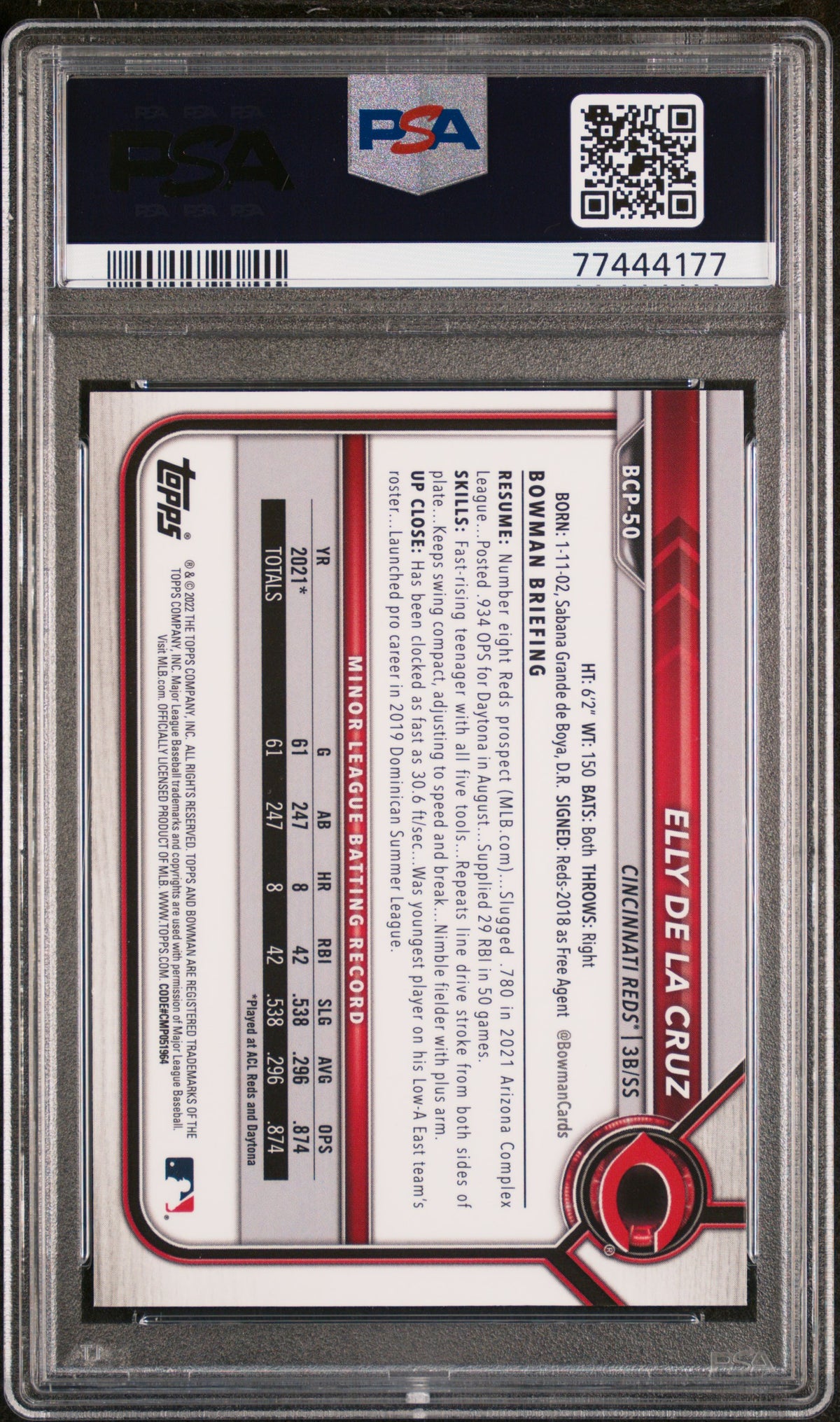 2022 Bowman Chrome Sapphire Prospect Elly De La Cruz #BCP-50 PSA 10