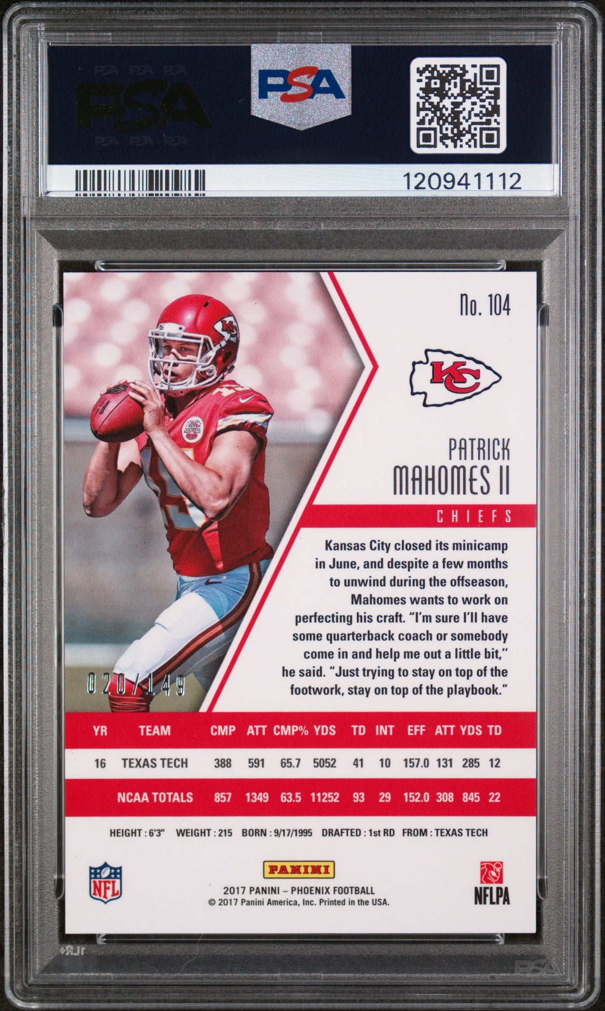 2017 Panini Phoenix Purple Patrick Mahomes II #104 /149 PSA 10