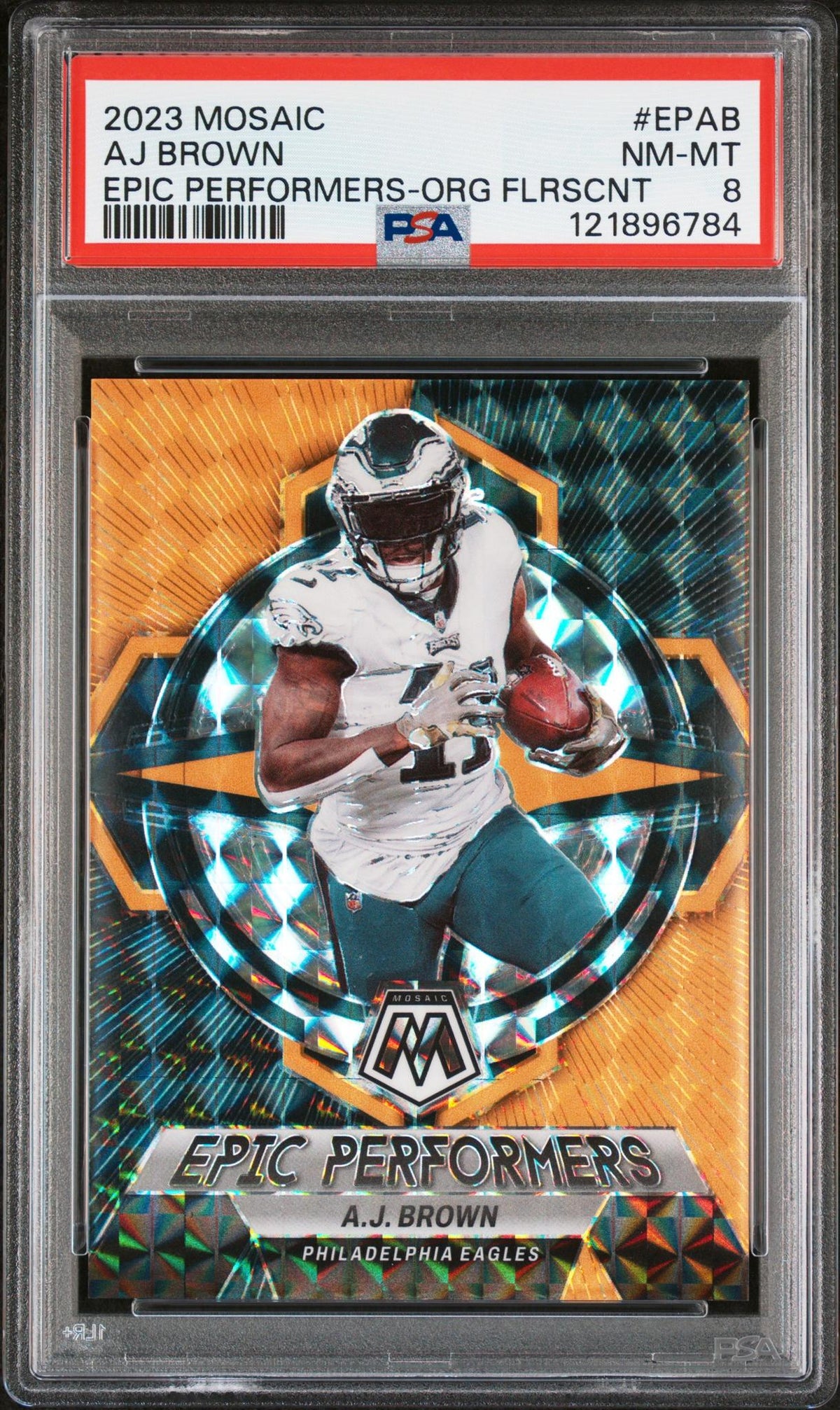2023 Panini Mosaic Epic Performers Orange Fluorescent Aj Brown #EPAB /25 PSA 8