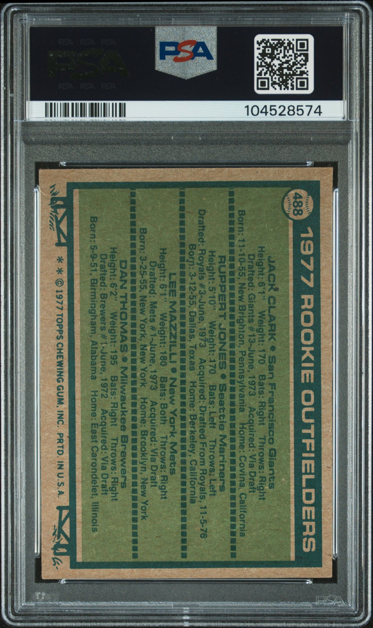 1977 Topps Rookie Outfielders/Jack Clark/Ruppert Jones/Lee Mazzilli/Dan Thomas #488 PSA 6