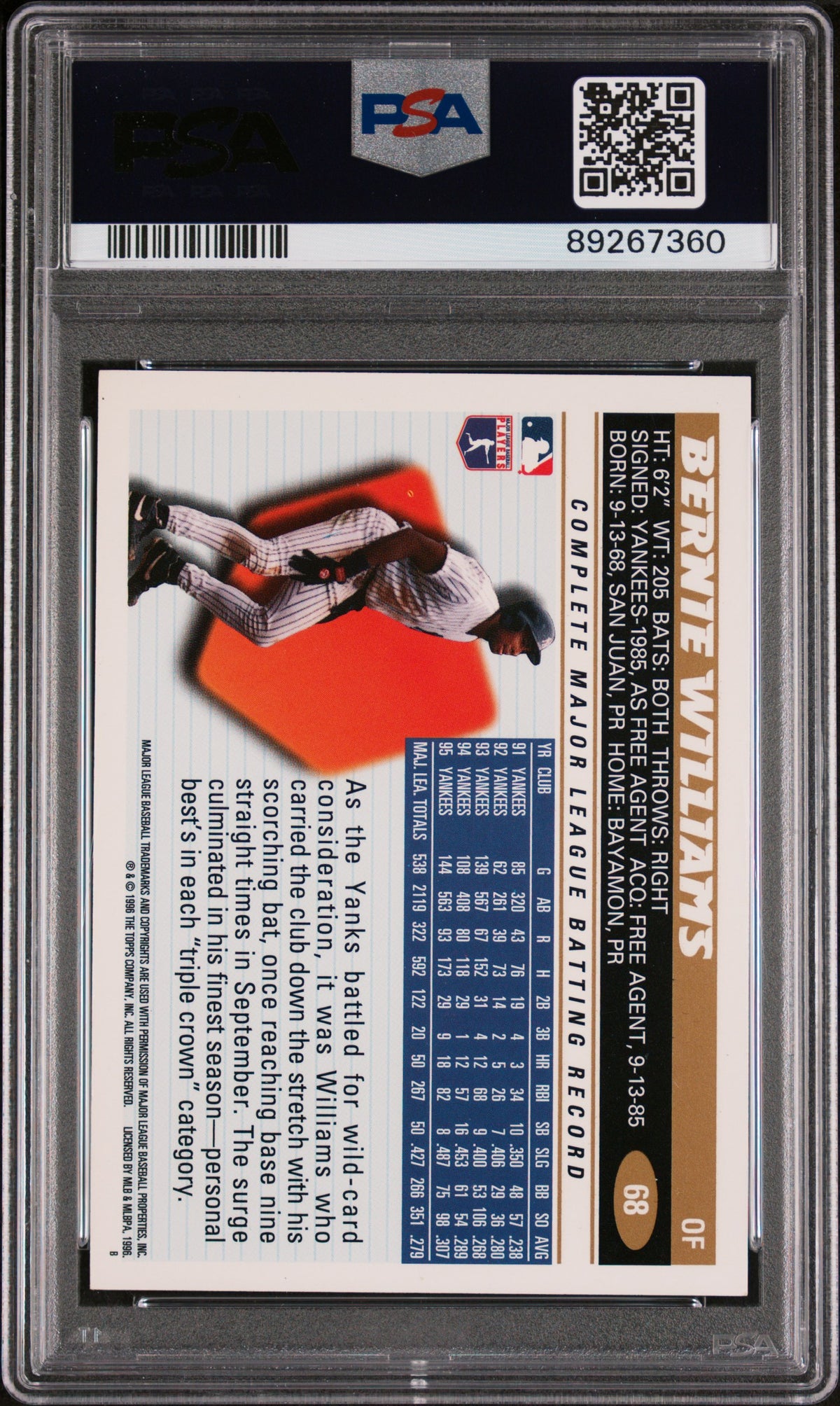 2022 Topps Archives Signature Series 1996 Topps 1/1 Bernie Williams #68 PSA 7