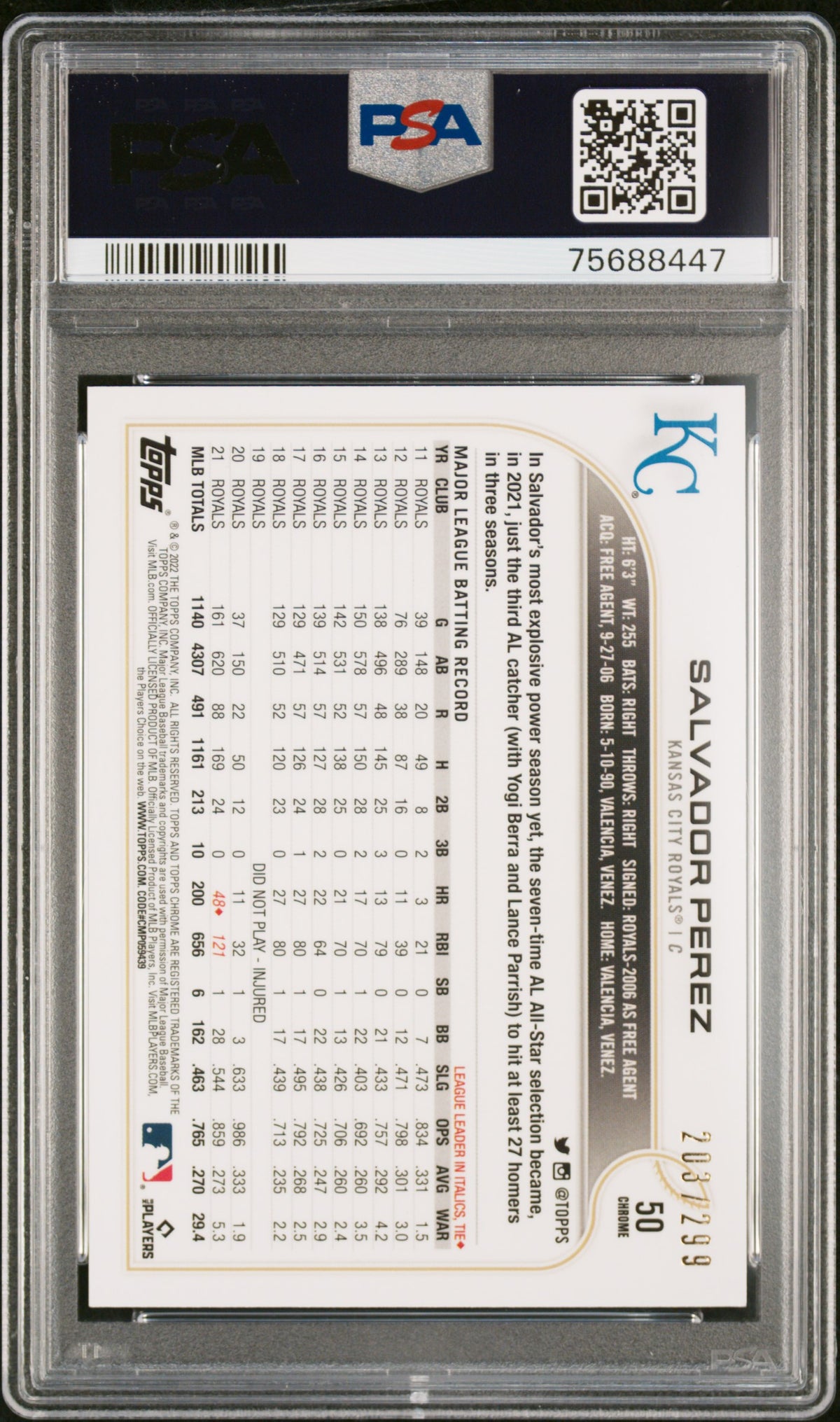 2022 Topps Chrome Sonic Purple/Yellow Sonic Refractor Salvador Perez #50 PSA 9