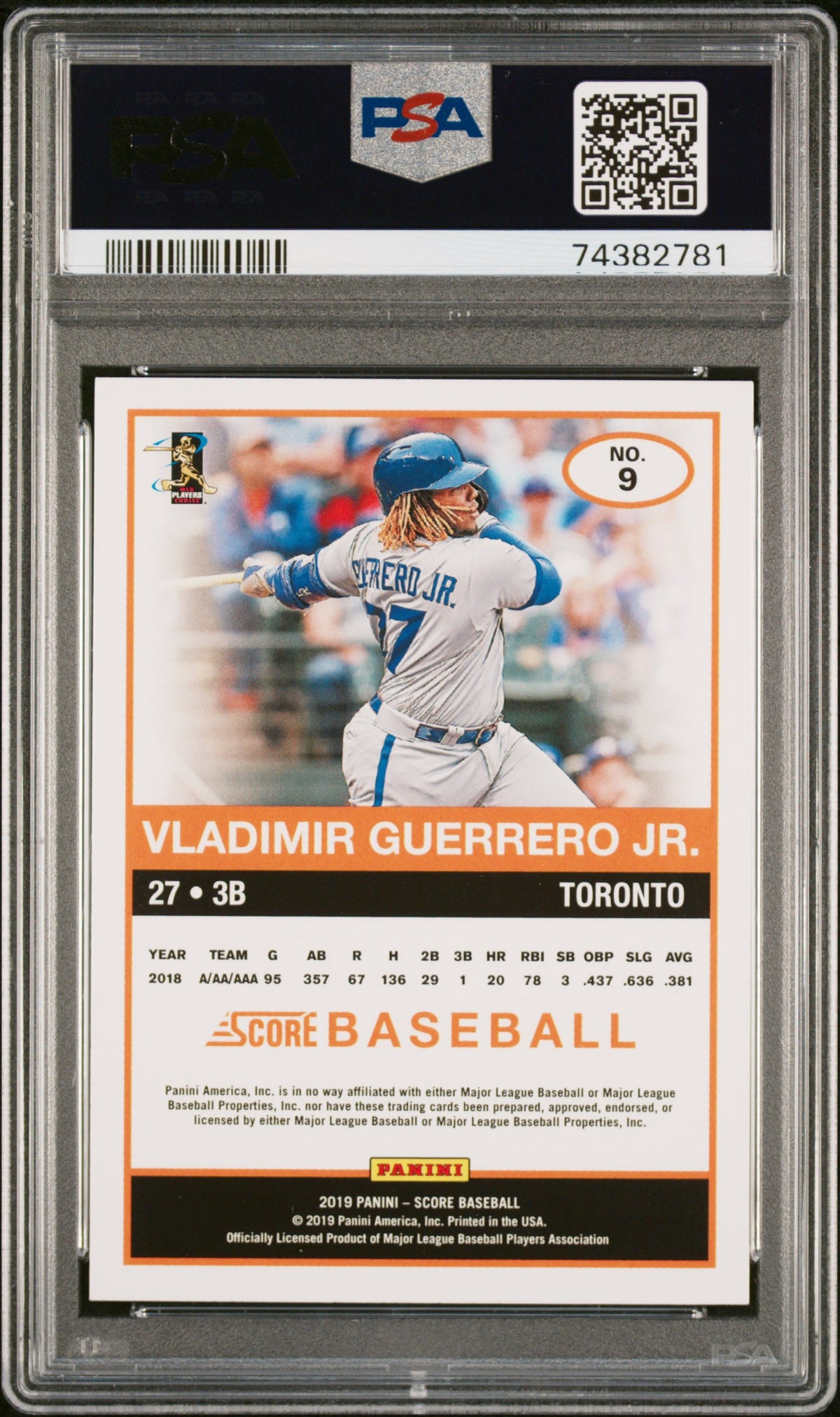 2019 Score Vladimir Guerrero Jr. #9 PSA 9