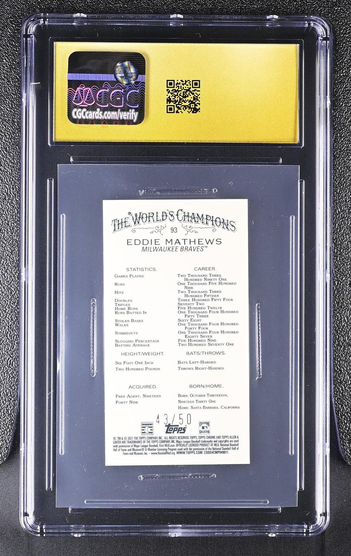 2021 Allen & Ginter Chrome #93 Eddie Mathews Mini /50 CGC 10