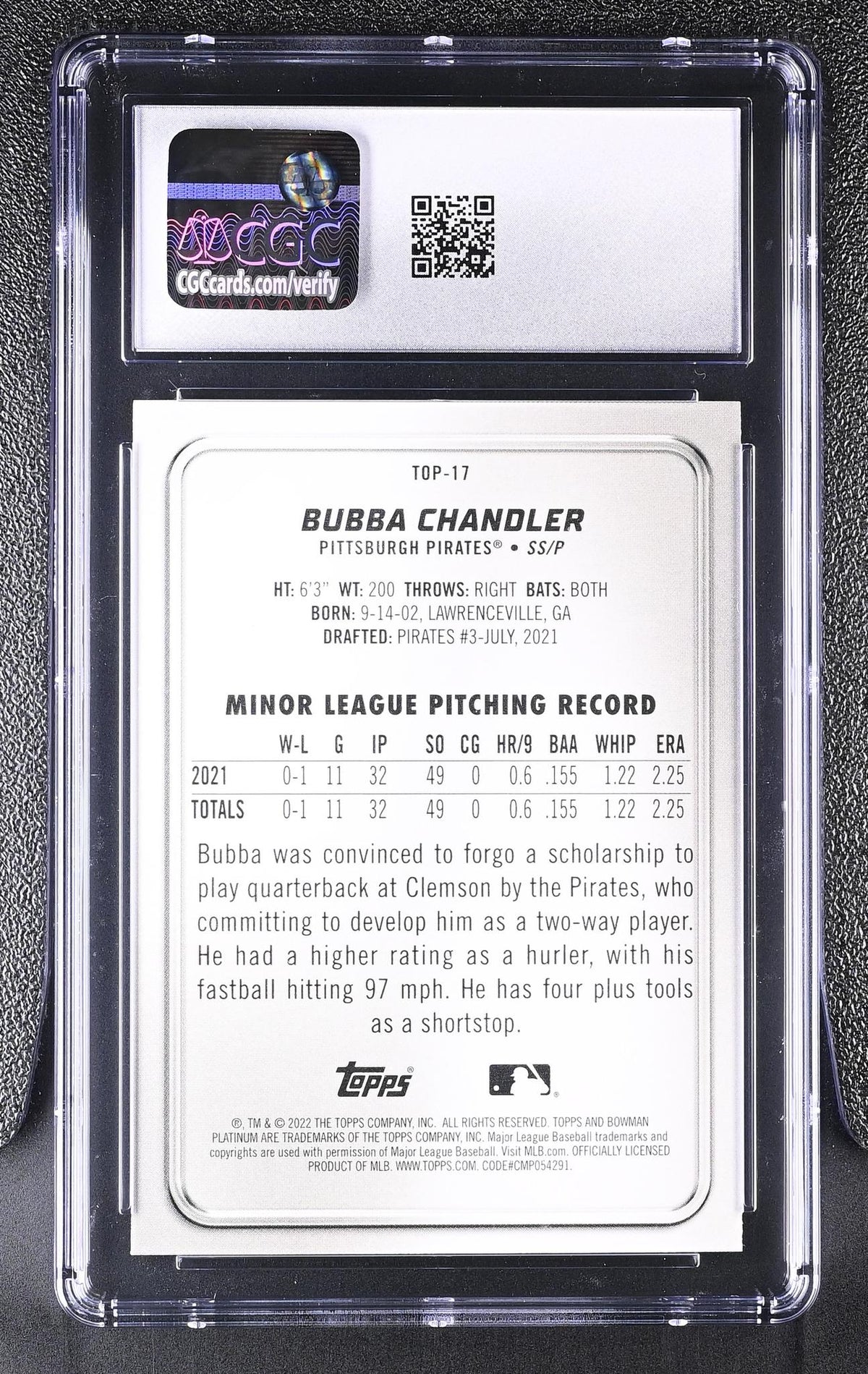 2022 Bowman Platinum #TOP-17 Bubba Chandler Top Prospects CGC 10