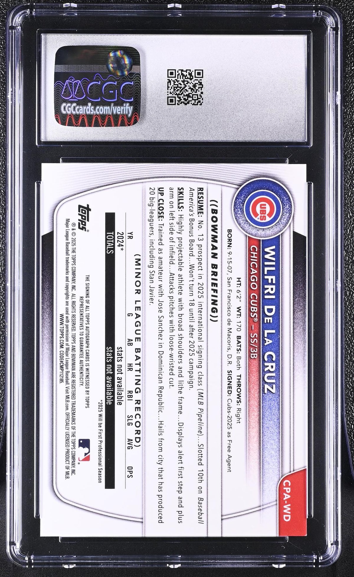 2025 Bowman Chrome #CPA-WD Wilfri De La Cruz Prospect Autographs Auto CGC 8.5