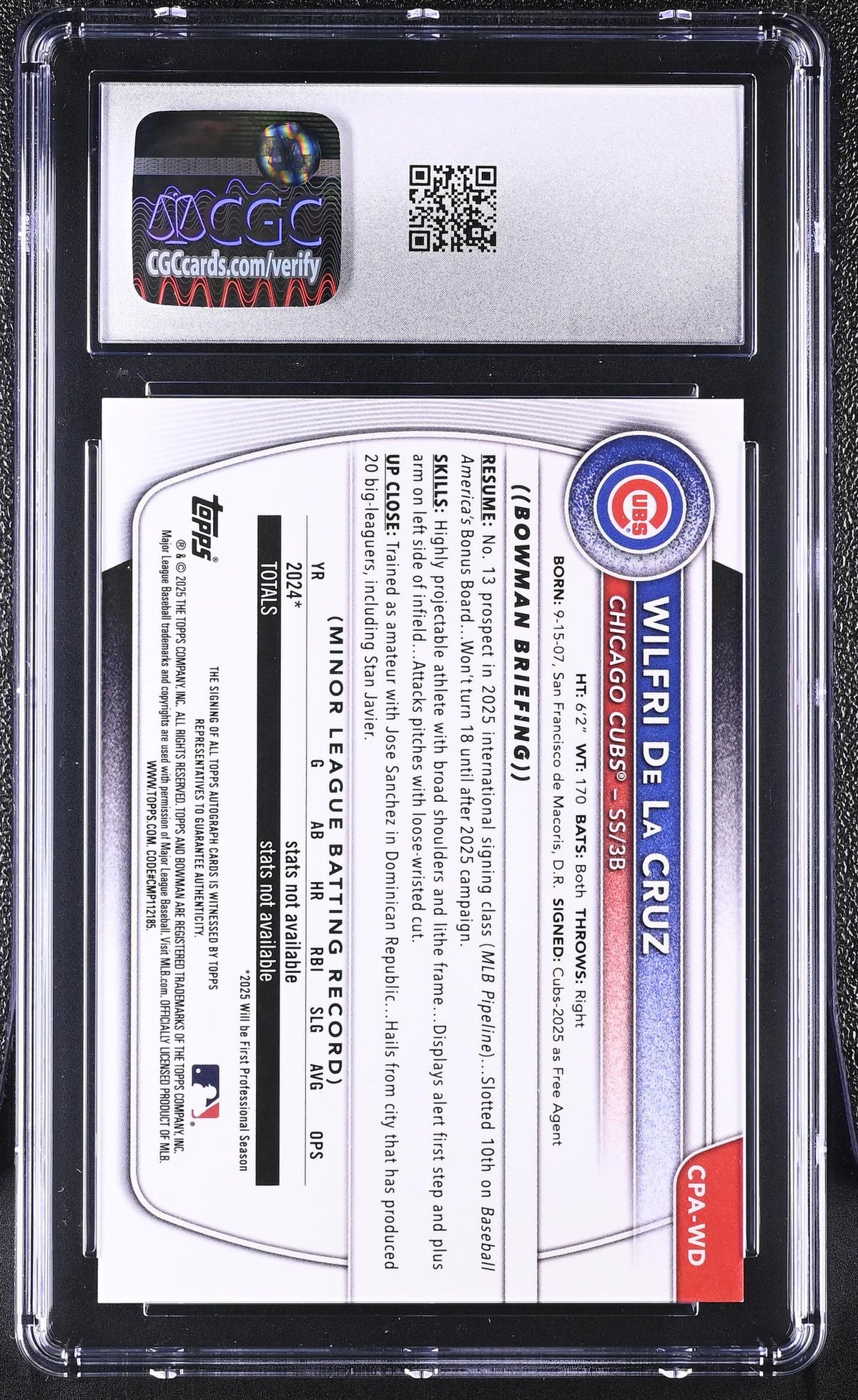 2025 Bowman Chrome #CPA-WD Wilfri De La Cruz Prospect Autographs Auto CGC 9
