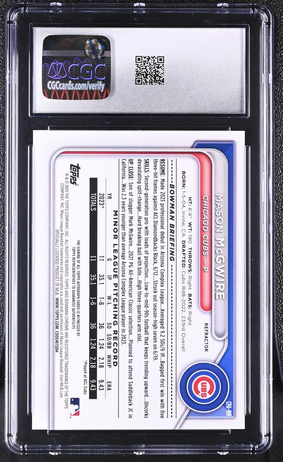 2024 Bowman Chrome #CPA-MM Mason McGwire Prospect Autographs /499 Auto CGC 9