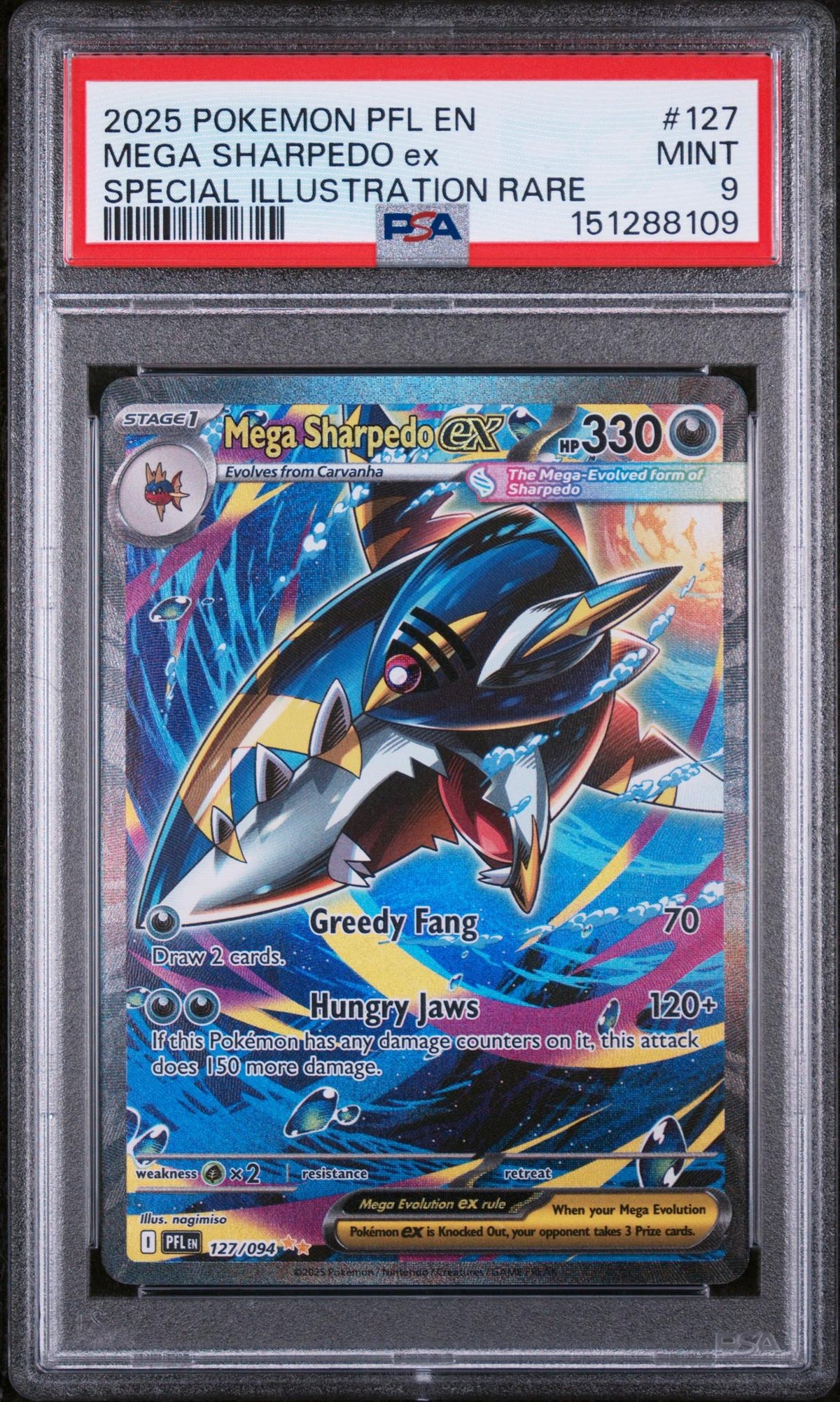 2025 Pokemon Mega Evolution Phantasmal Flames Special Illustration Rare Mega Sharpedo Ex #127 PSA 9