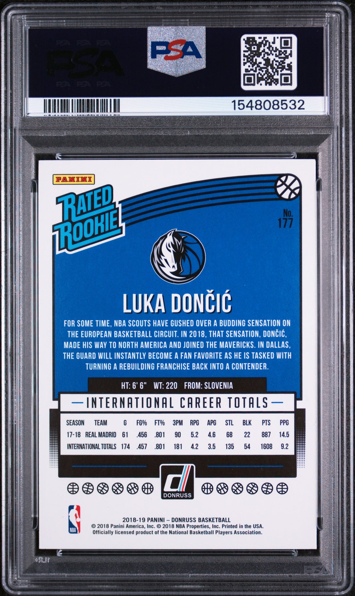 2018 Donruss Rated Rookie Luka Doncic #177 PSA 9