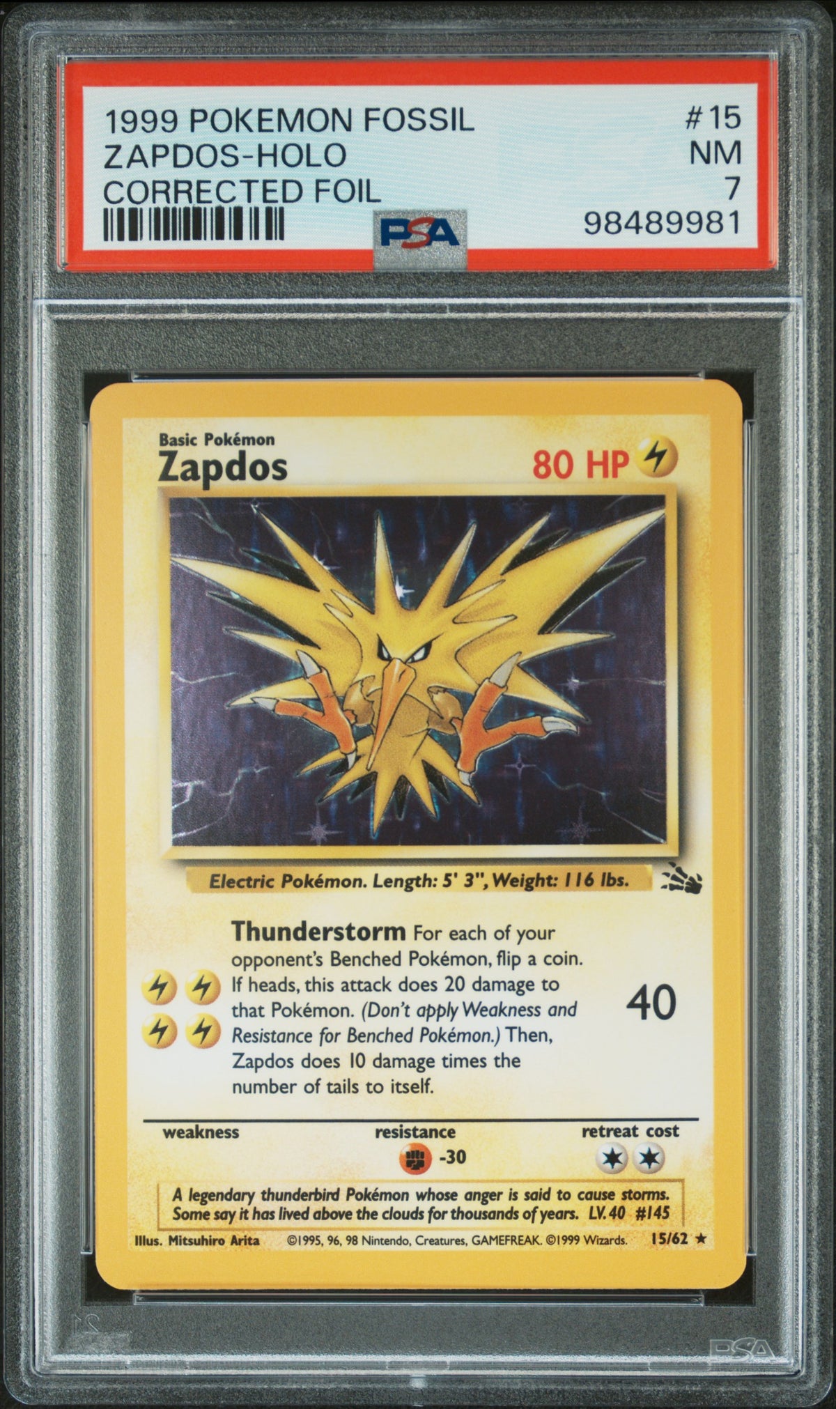 1999 Pokemon Fossil Holo Corrected Zapdos #15 PSA 7