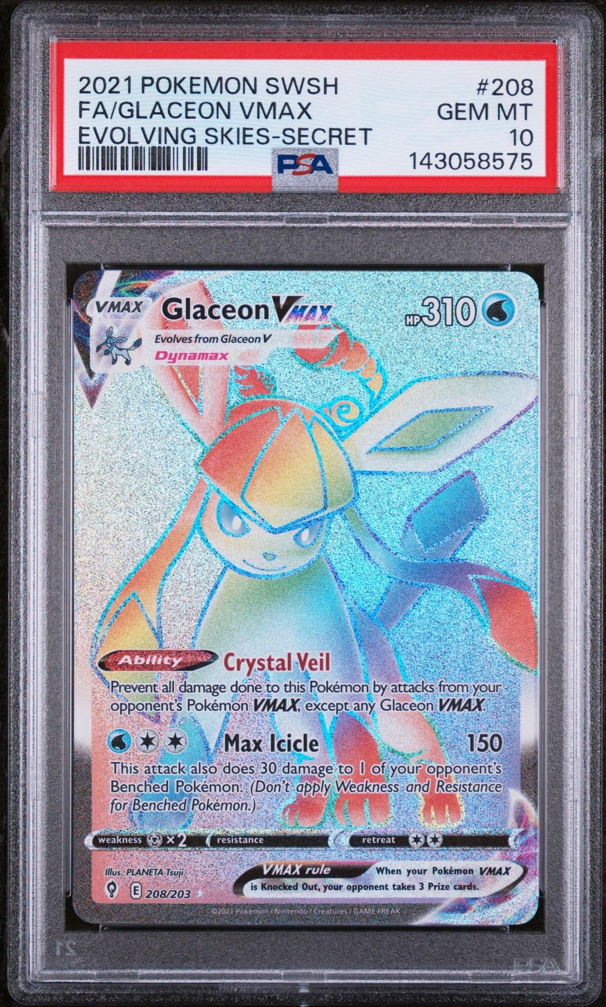 2021 Pokemon Sword and Shield Evolving Skies Secret Rare Glaceon Vmax #208 PSA 10