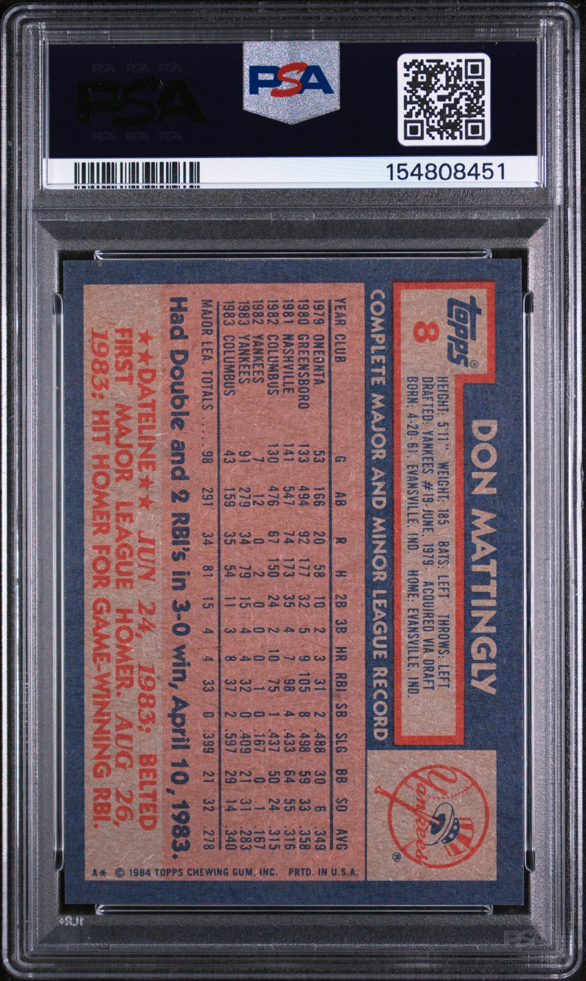 1984 Topps Don Mattingly #8 PSA 9
