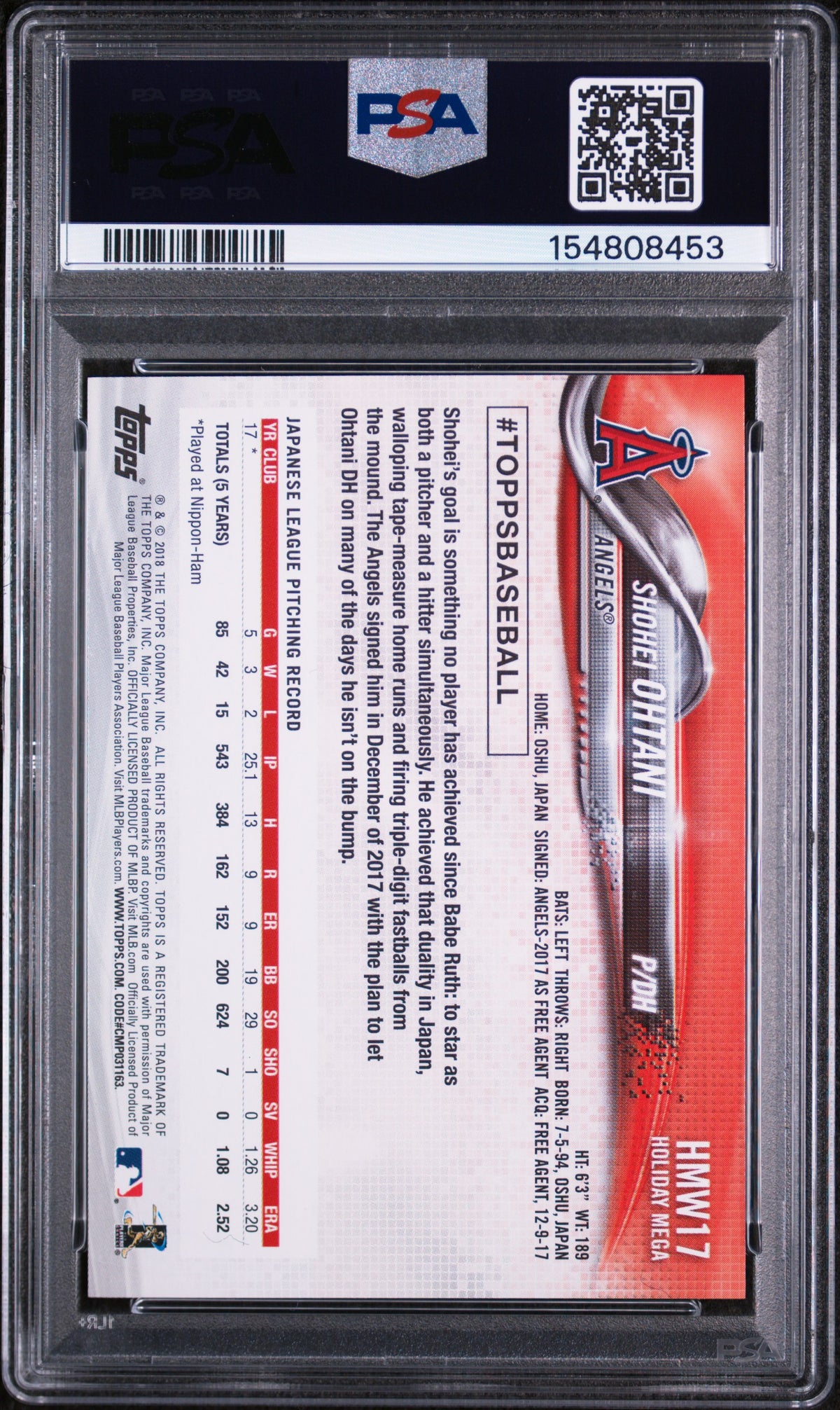 2018 Topps Holiday Snowflake Shohei Ohtani #HMW17 PSA 9