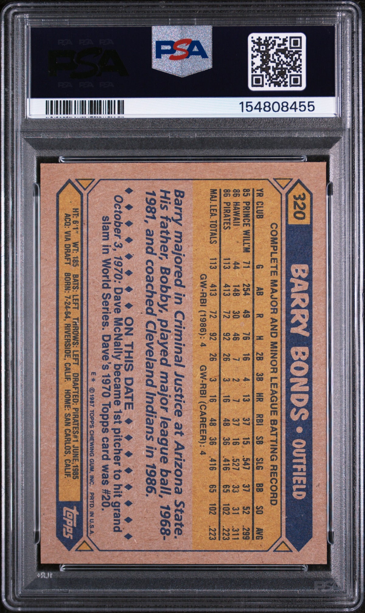 1987 Topps Barry Bonds #320 PSA 7