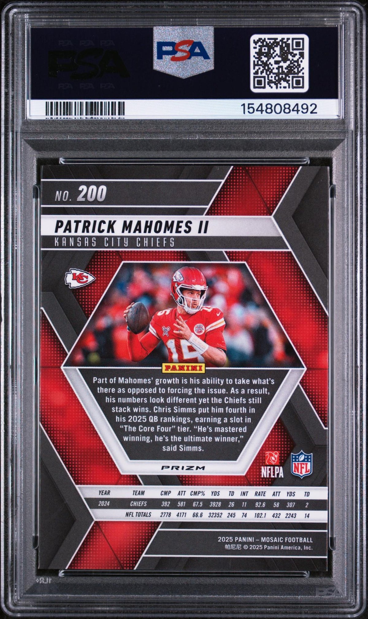 2025 Panini Mosaic Honeycomb Patrick Mahomes II #200 PSA 10