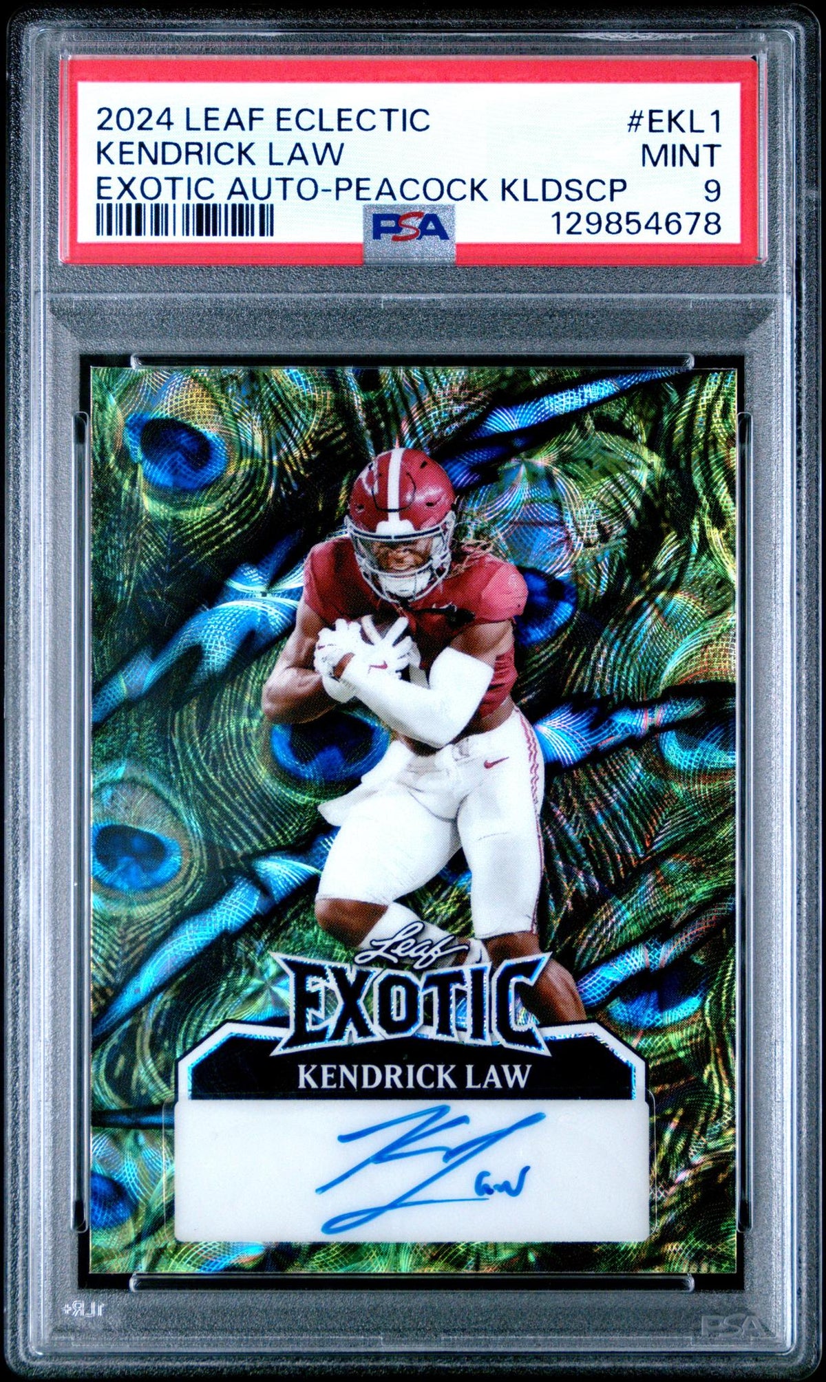 2024 Leaf Eclectic Exotic Autograph Peacock Kaleidoscope Kendrick Law #EKL1 /1 PSA 9