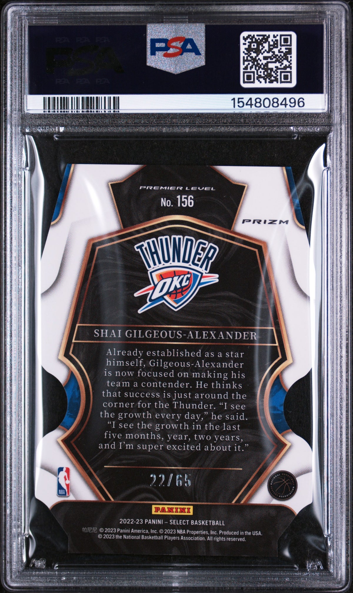2022 Panini Select Die Cut Orange Prizm Shai Gilgeous-Alexander #156 /65 PSA 10