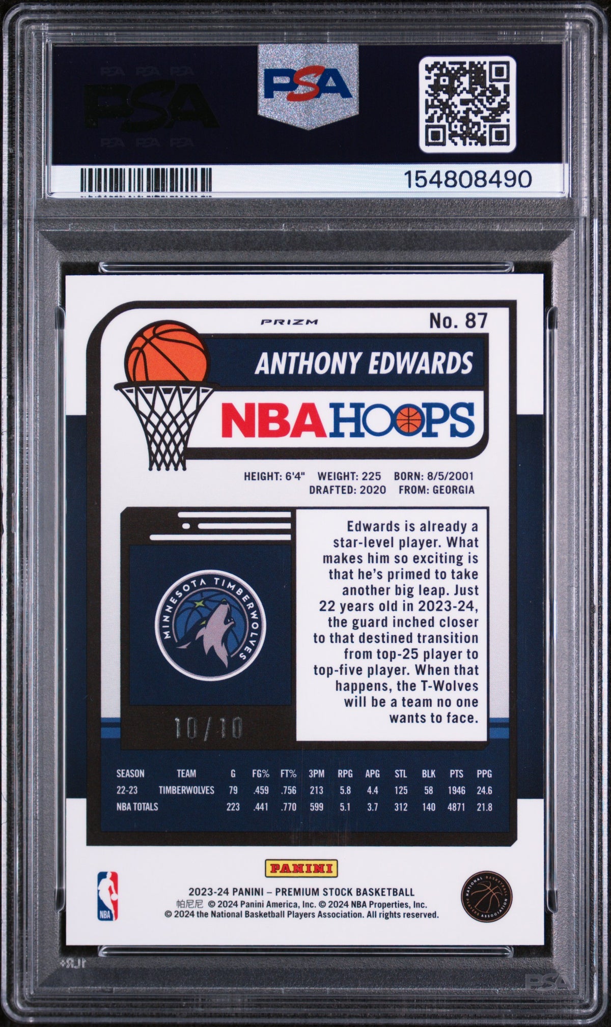 2023 Hoops Premium Stock Gold Pulsar Anthony Edwards #87 /10 10/10 PSA 10