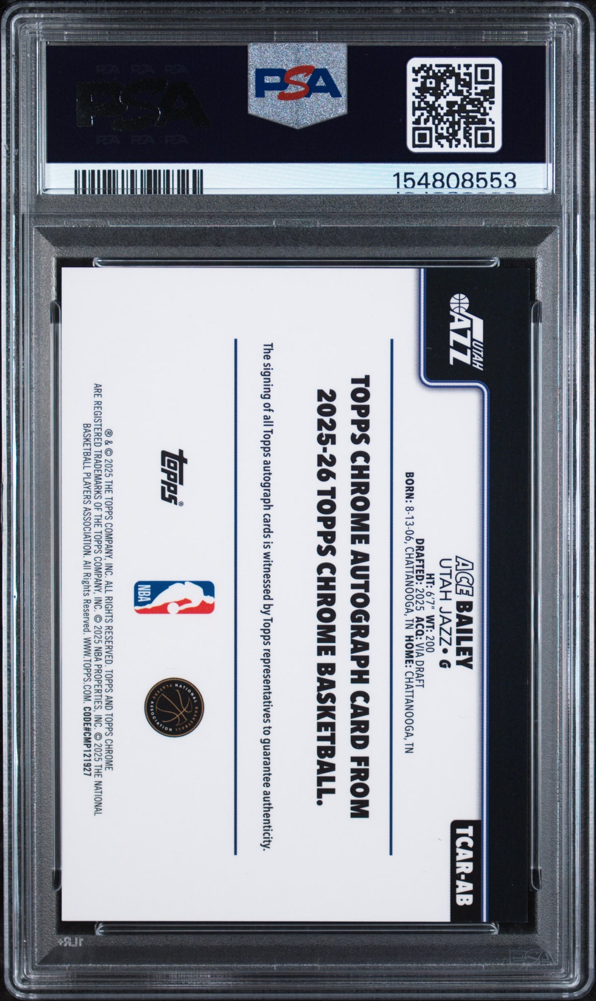2025 Topps Chrome Rookie Autograph Ace Bailey #TCAR-AB PSA 9