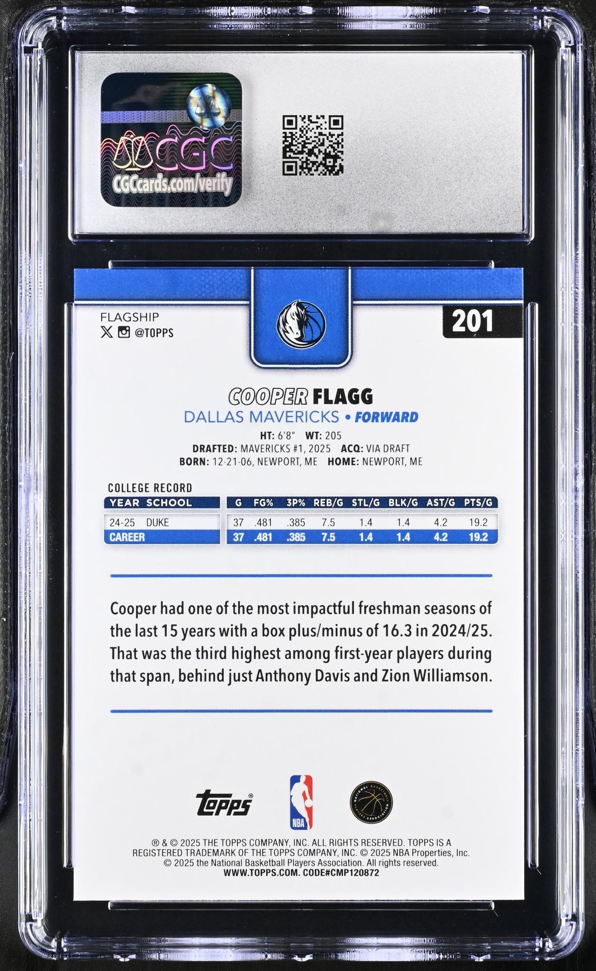 2025 Topps #201 Cooper Flagg CGC 9