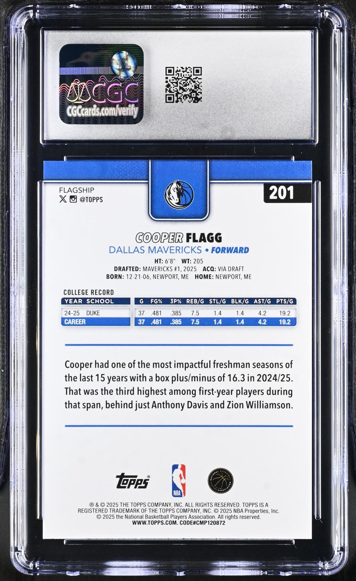 2025 Topps #201 Cooper Flagg CGC 10