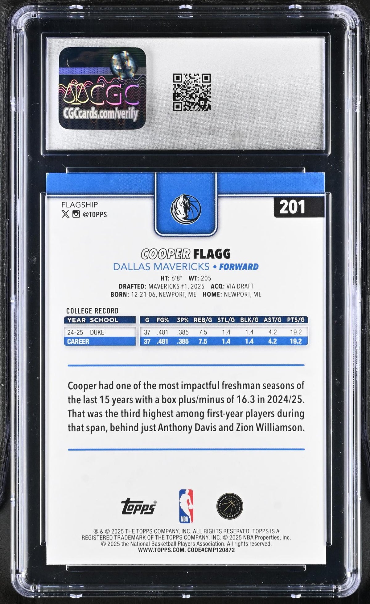 2025 Topps #201 Cooper Flagg Flagship CGC 8