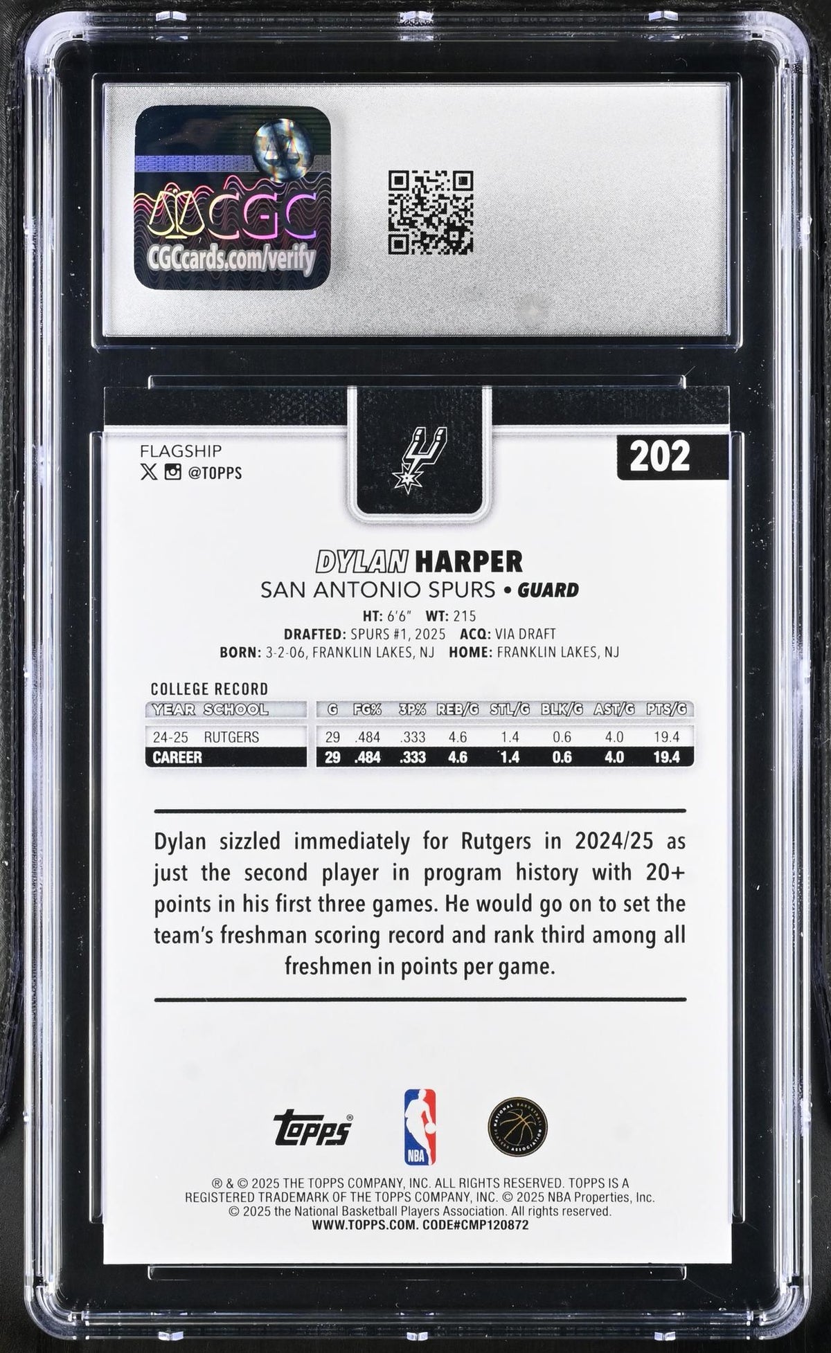 2025 Topps #202 Dylan Harper Flagship CGC 10